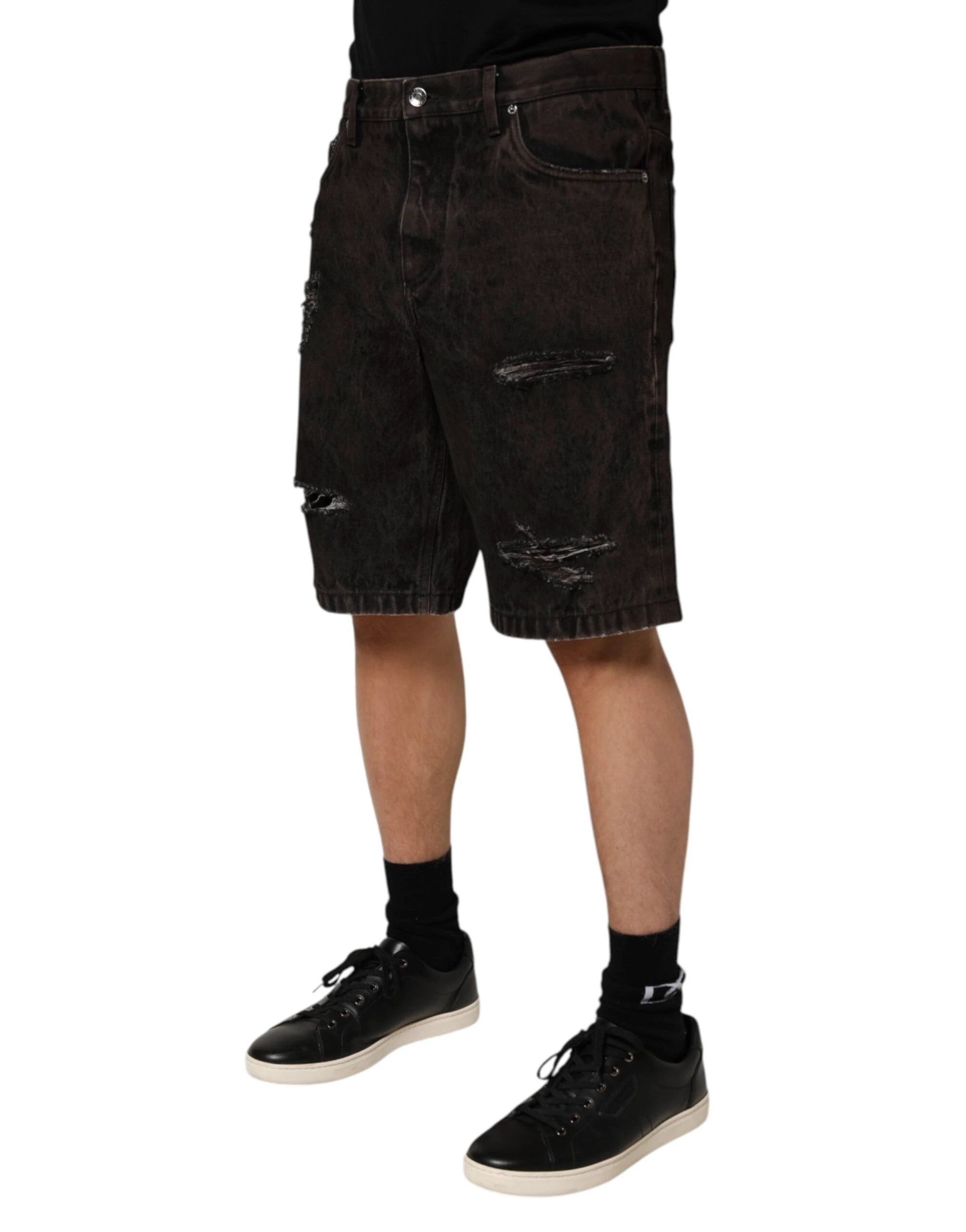 Dolce & Gabbana Black Cotton Tattered Denim Men Bermuda Short by Dolce & Gabbana
