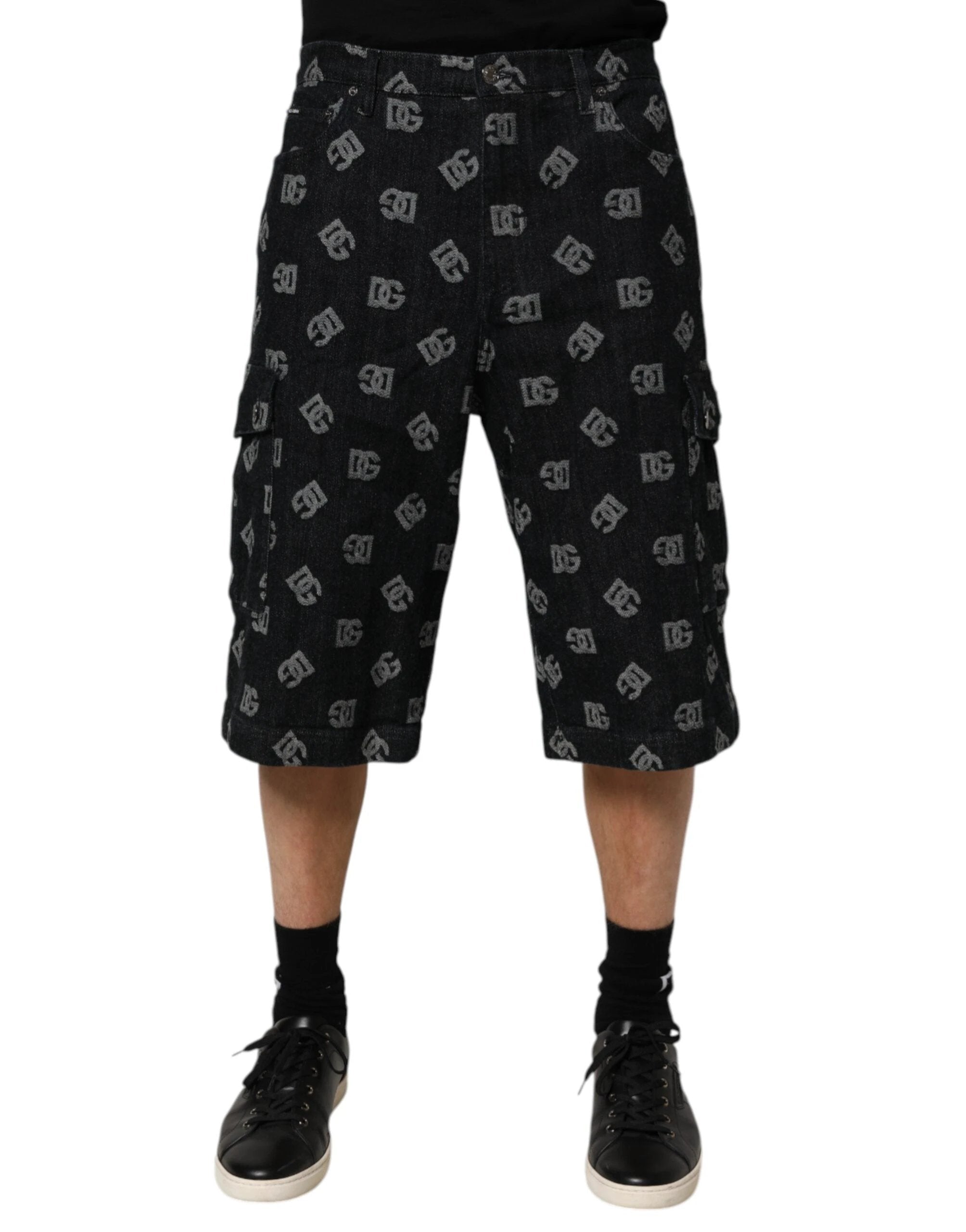Dolce & Gabbana Black Monogram Denim Cargo Men Bermuda Short by Dolce & Gabbana