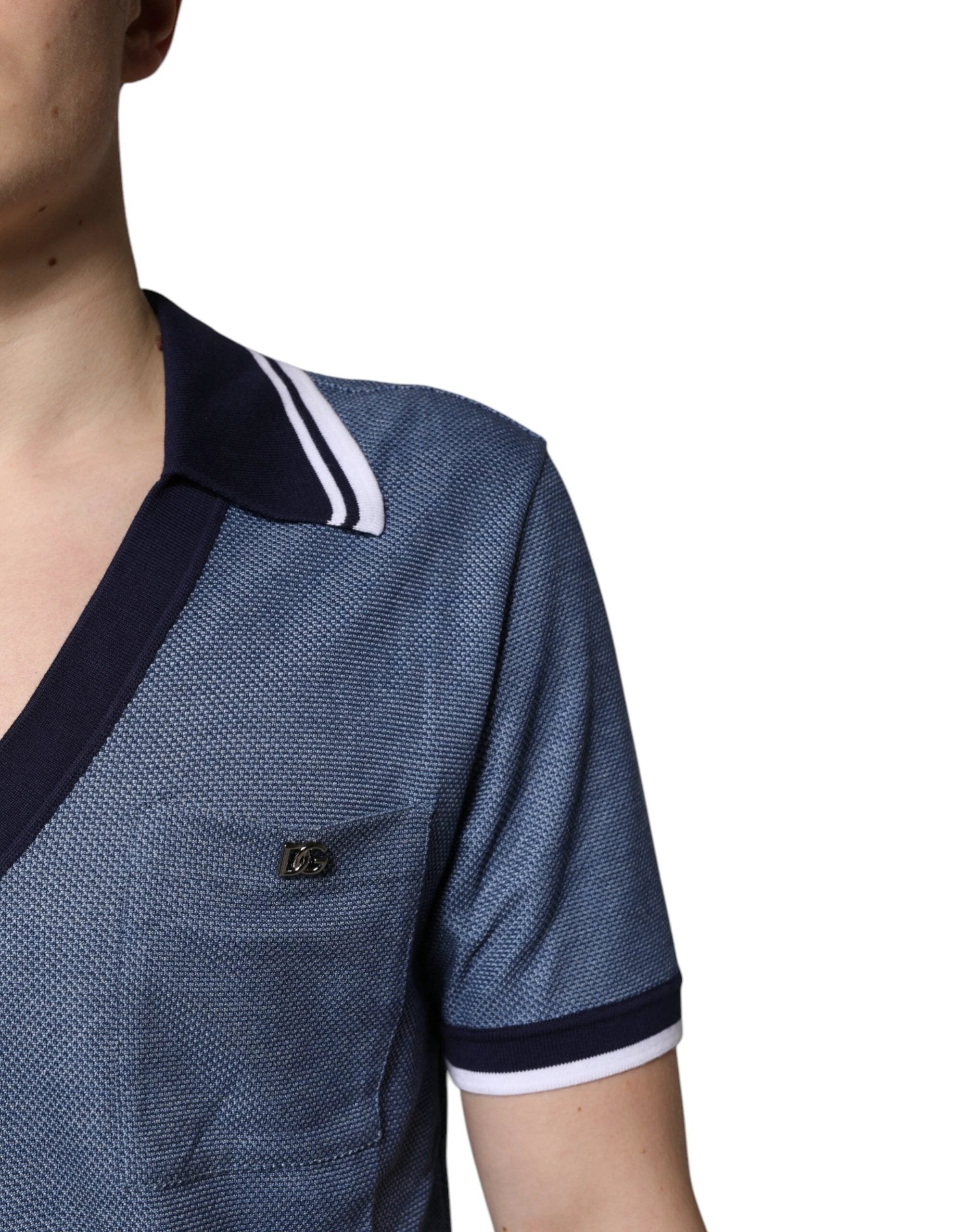 Dolce & Gabbana Blue Collared V-neck Silk Blend Polo T-shirt by Dolce & Gabbana