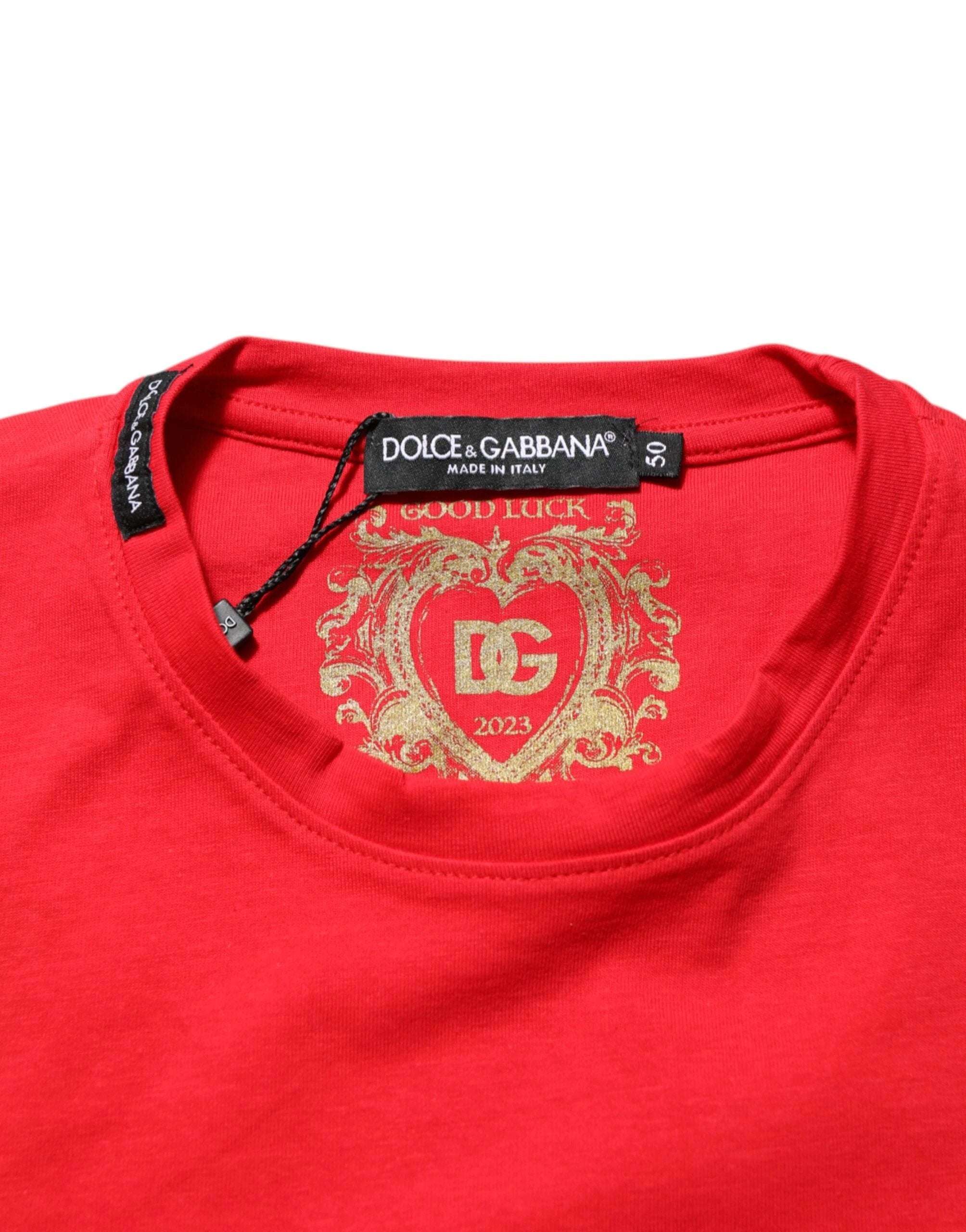 Dolce & Gabbana Red Goodluck 2023 Cotton Crew Neck T-shirt by Dolce & Gabbana