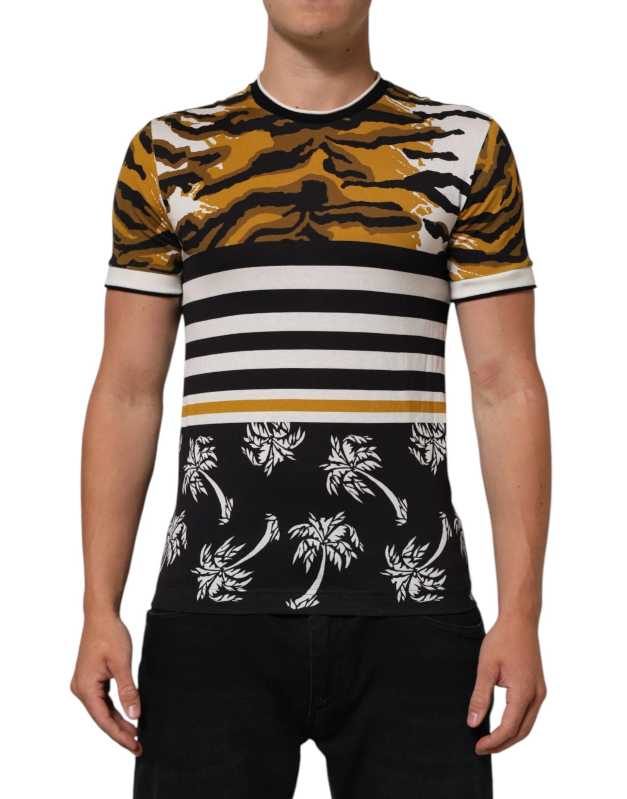 Dolce & Gabbana Multicolor Leopard Palm Leaf Men Crew Neck T-shirt by Dolce & Gabbana