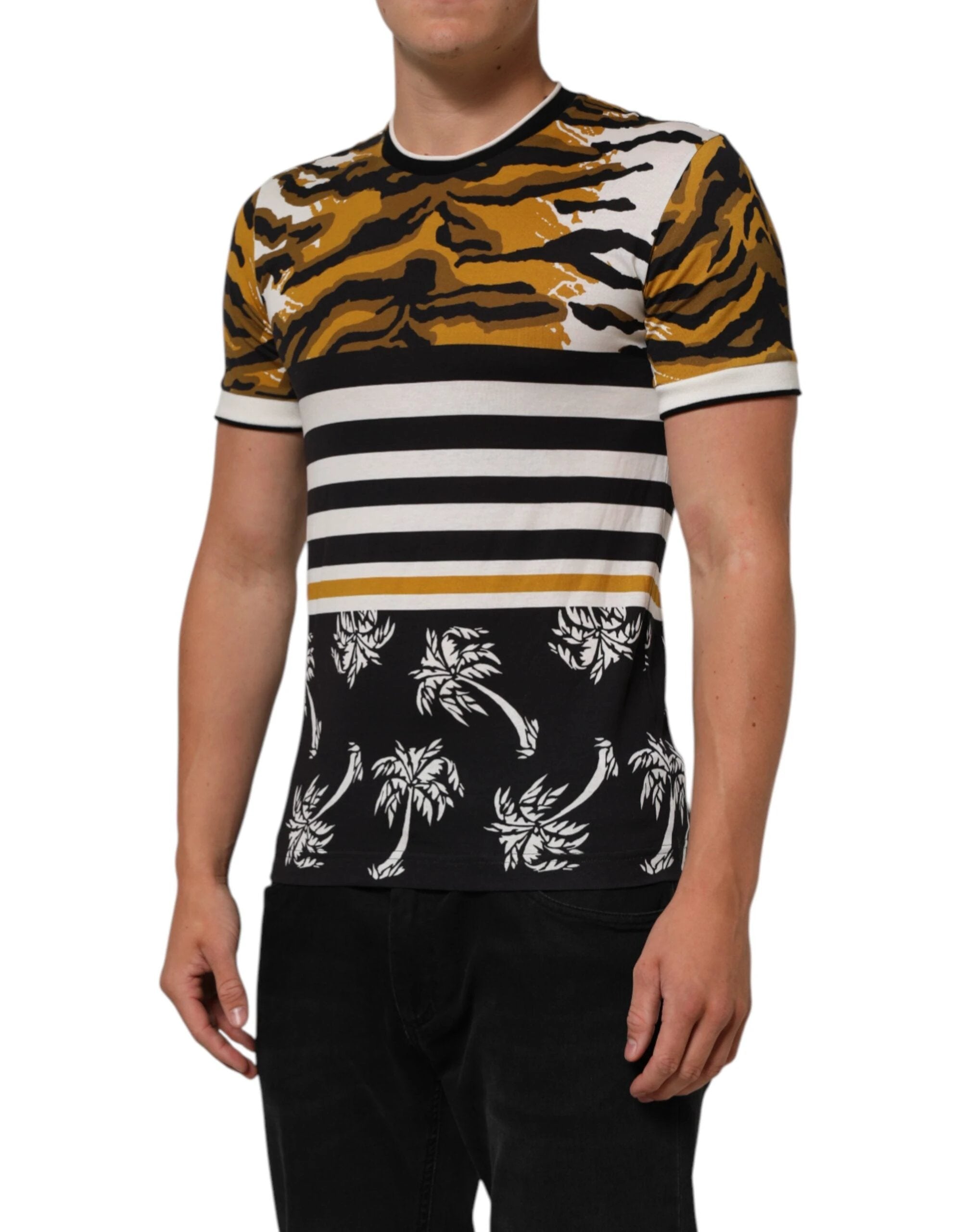Dolce & Gabbana Multicolor Leopard Palm Leaf Men Crew Neck T-shirt by Dolce & Gabbana