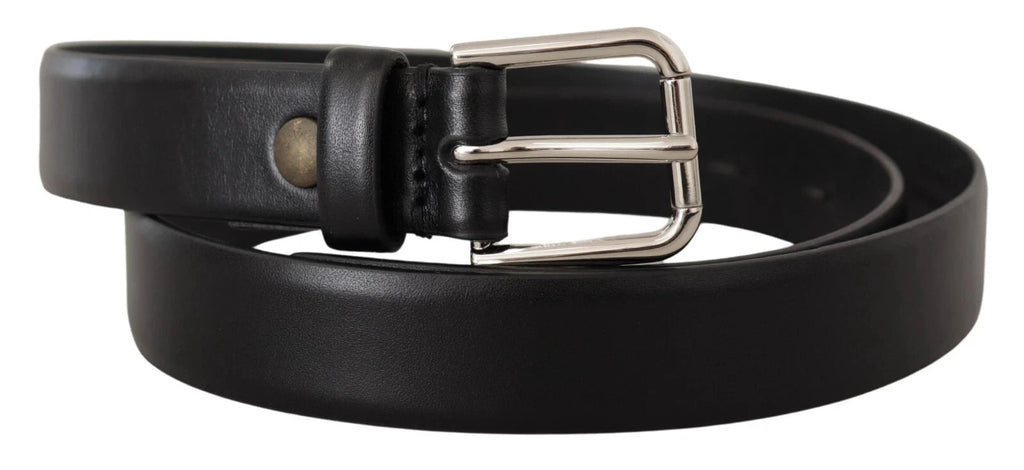 Dolce & Gabbana Black Calf Leather Silver Tone Logo Buckle Belt by Dolce & Gabbana