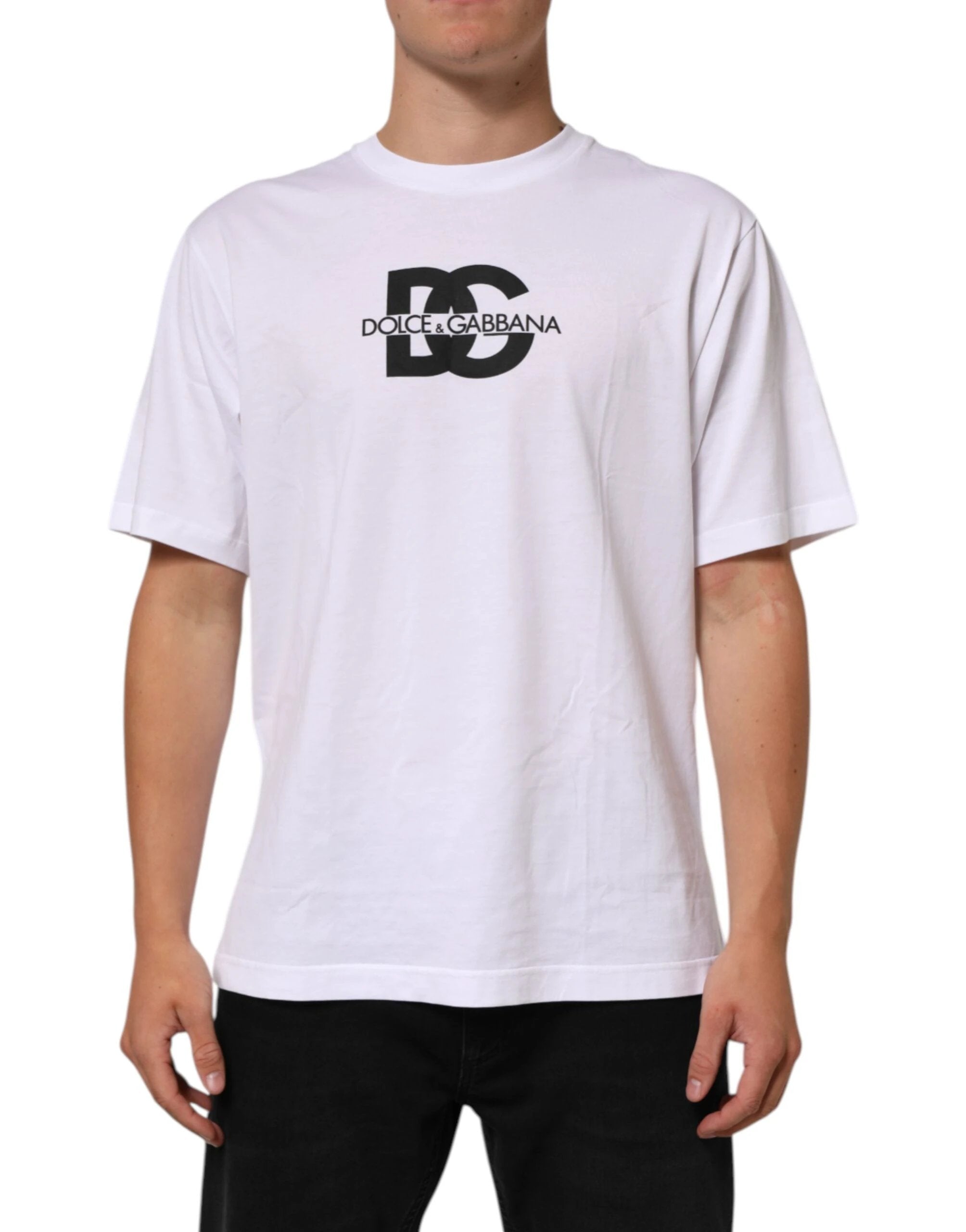 Dolce & Gabbana White Logo Print Cotton Crew Neck Men T-shirt by Dolce & Gabbana