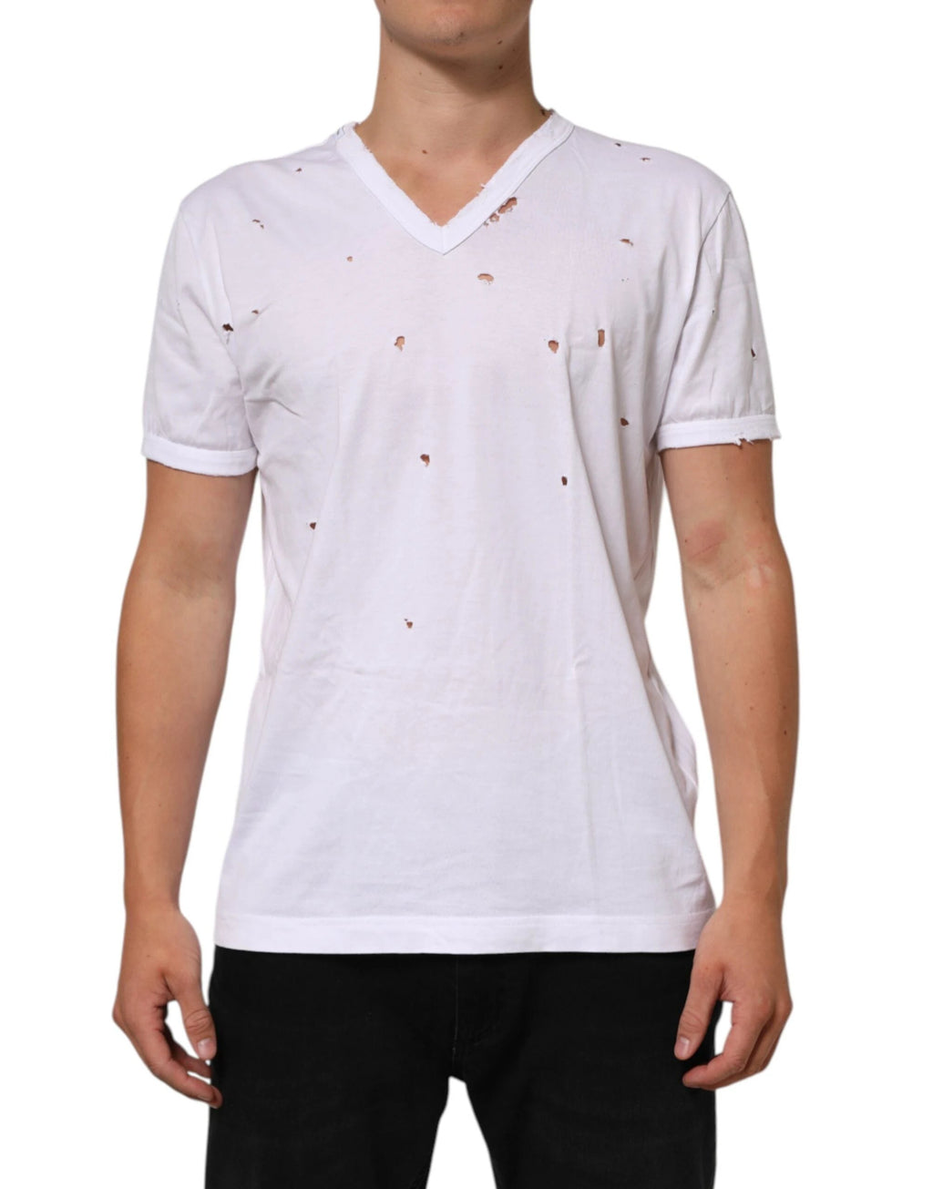 Dolce & Gabbana White Distressed Cotton V Neck Men T-shirt by Dolce & Gabbana
