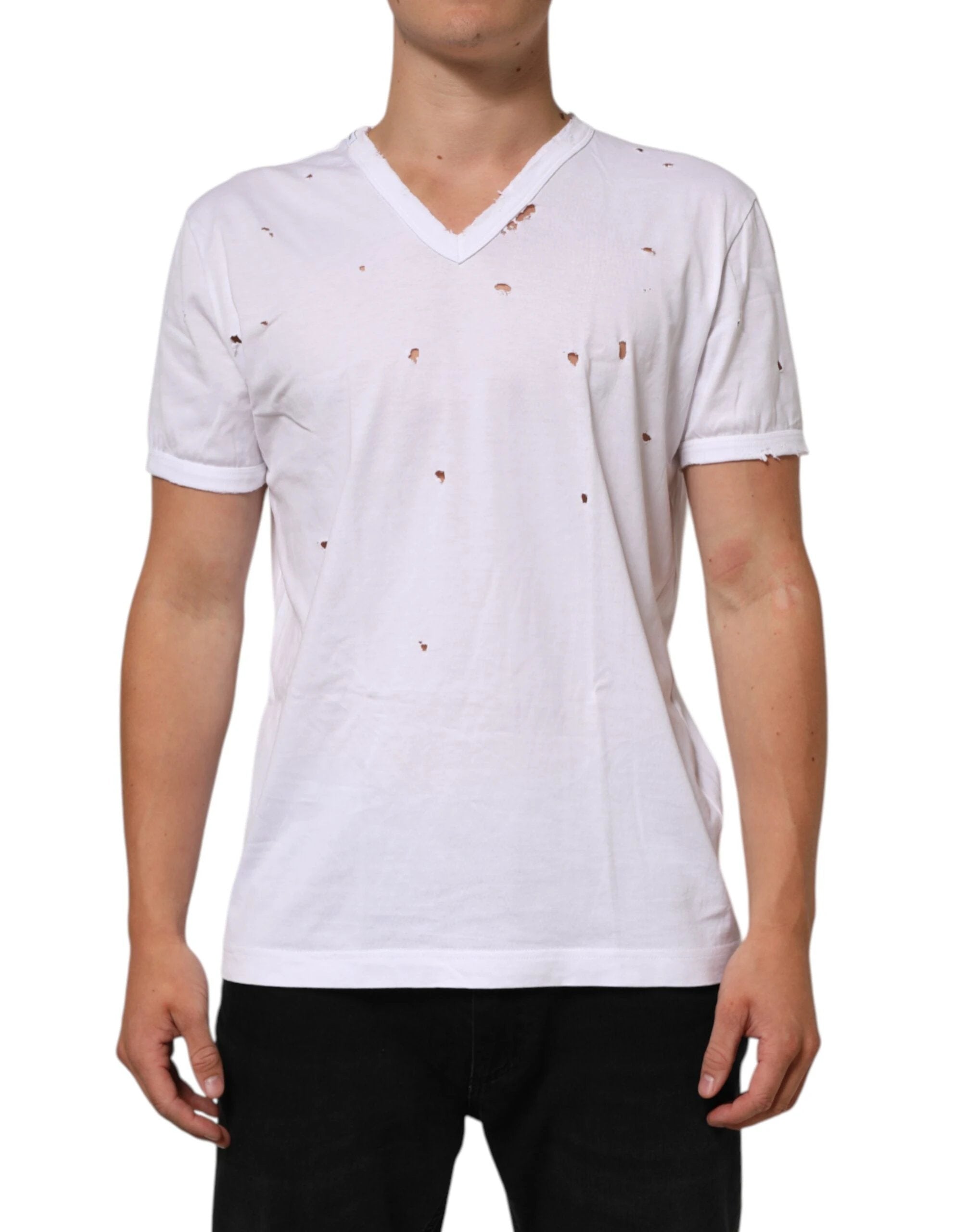 Dolce & Gabbana White Distressed Cotton V Neck Men T-shirt by Dolce & Gabbana