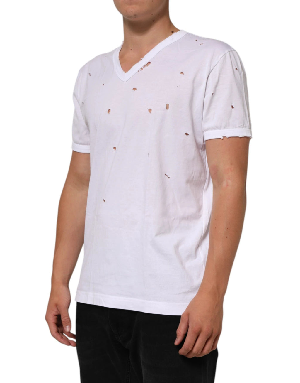 Dolce & Gabbana White Distressed Cotton V Neck Men T-shirt by Dolce & Gabbana