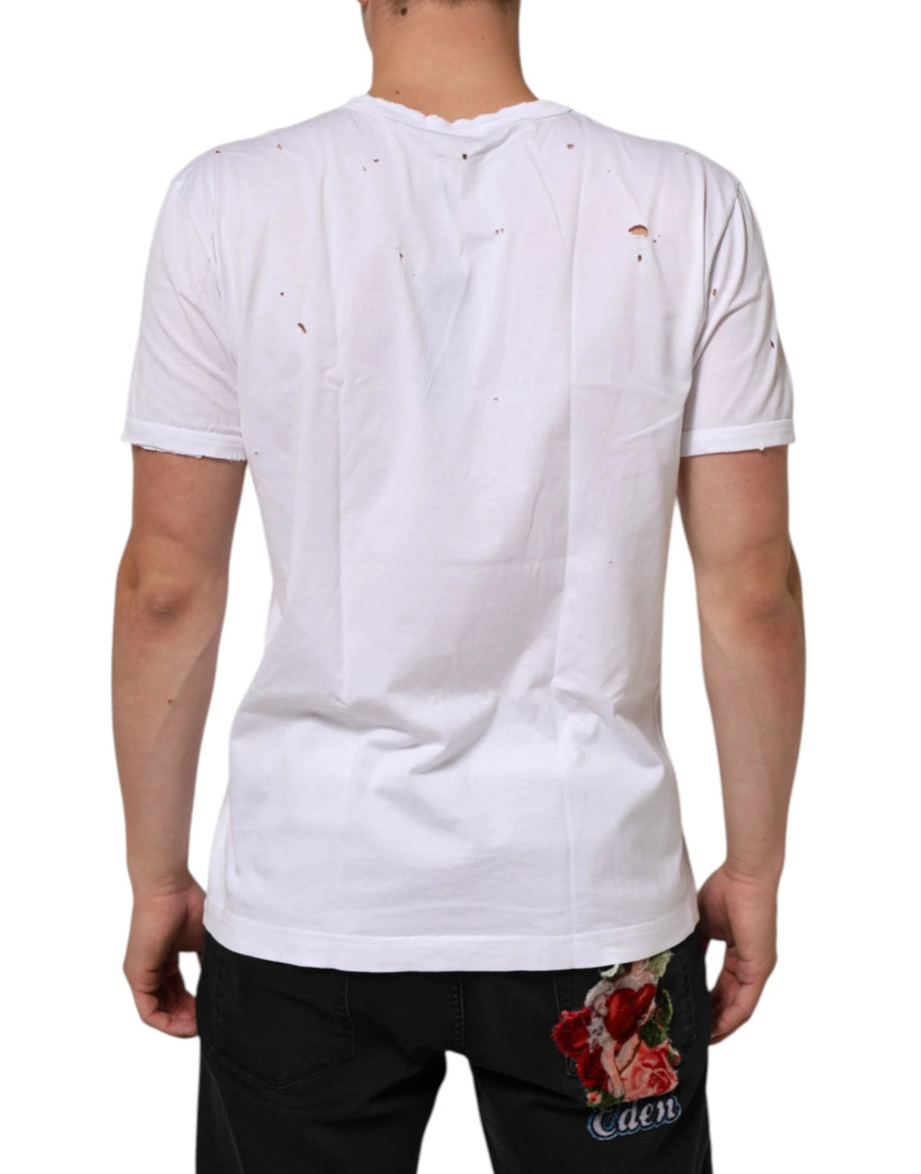 Dolce & Gabbana White Distressed Cotton V Neck Men T-shirt by Dolce & Gabbana