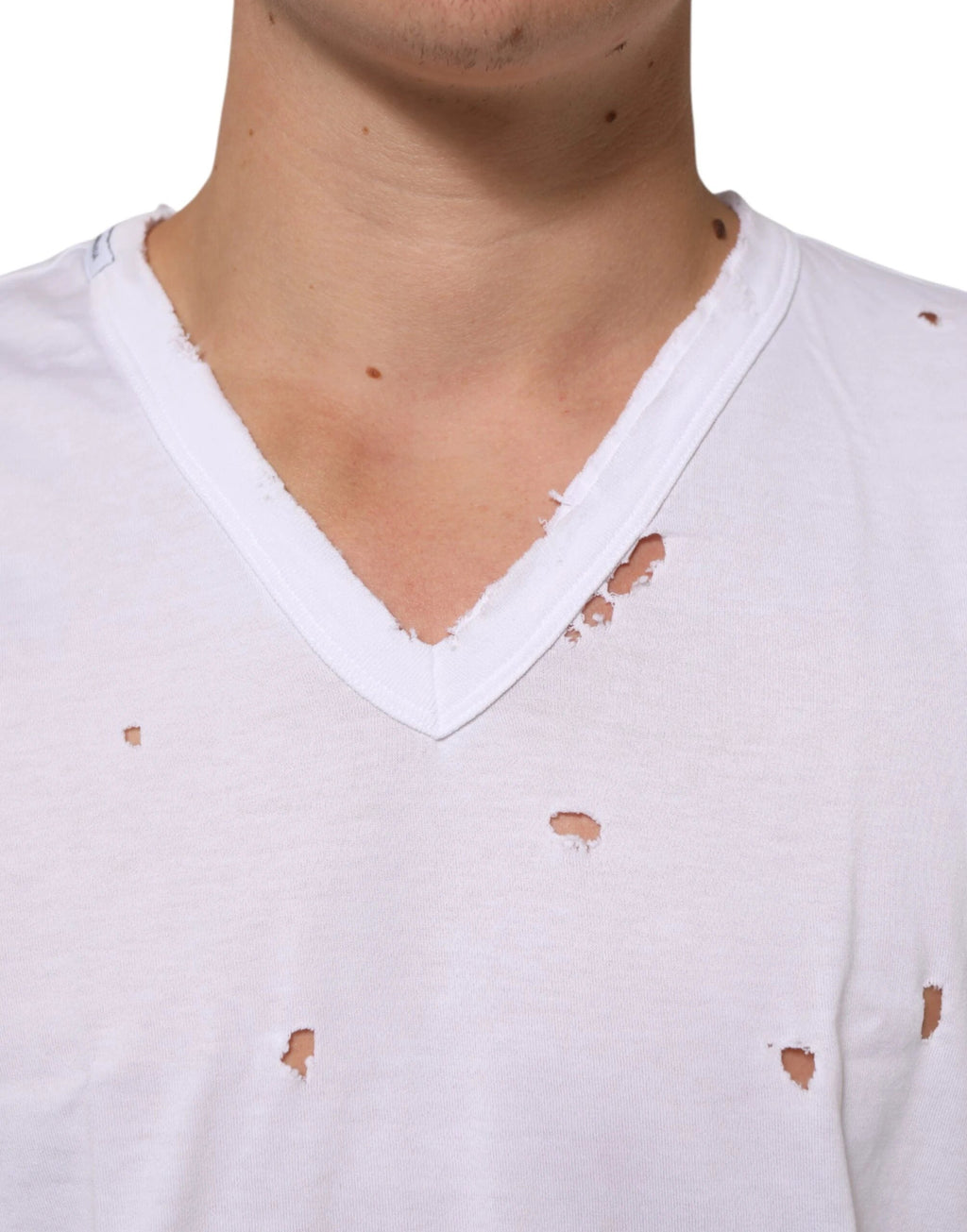 Dolce & Gabbana White Distressed Cotton V Neck Men T-shirt by Dolce & Gabbana