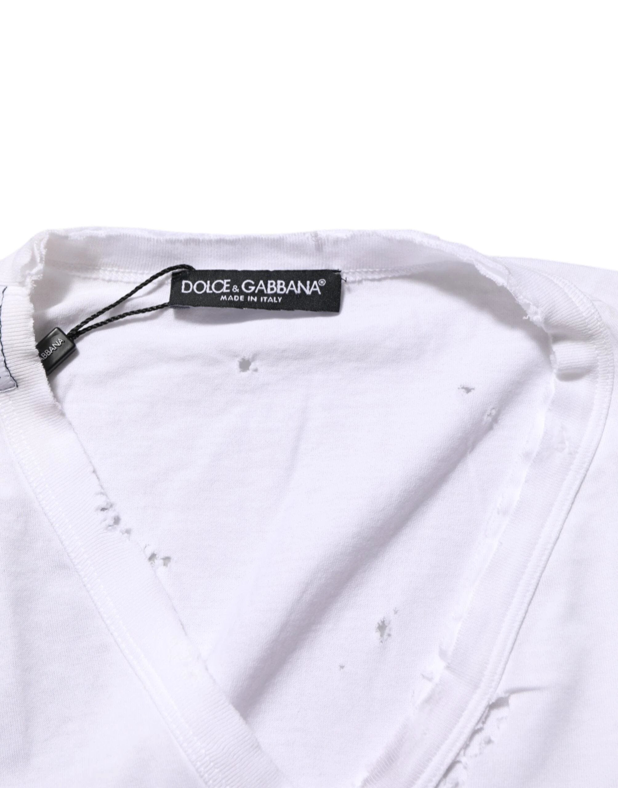 Dolce & Gabbana White Distressed Cotton V Neck Men T-shirt by Dolce & Gabbana
