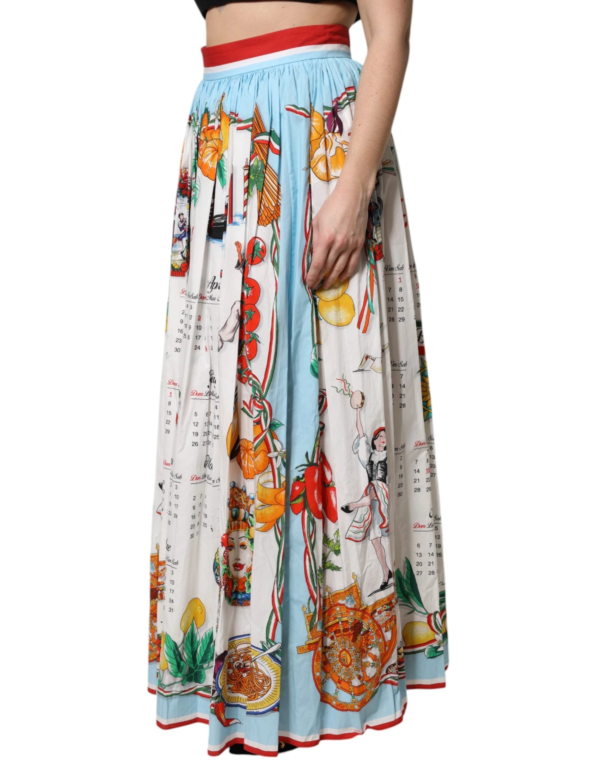 Dolce & Gabbana White Calendar Print Cotton Gathered Maxi Skirt by Dolce & Gabbana