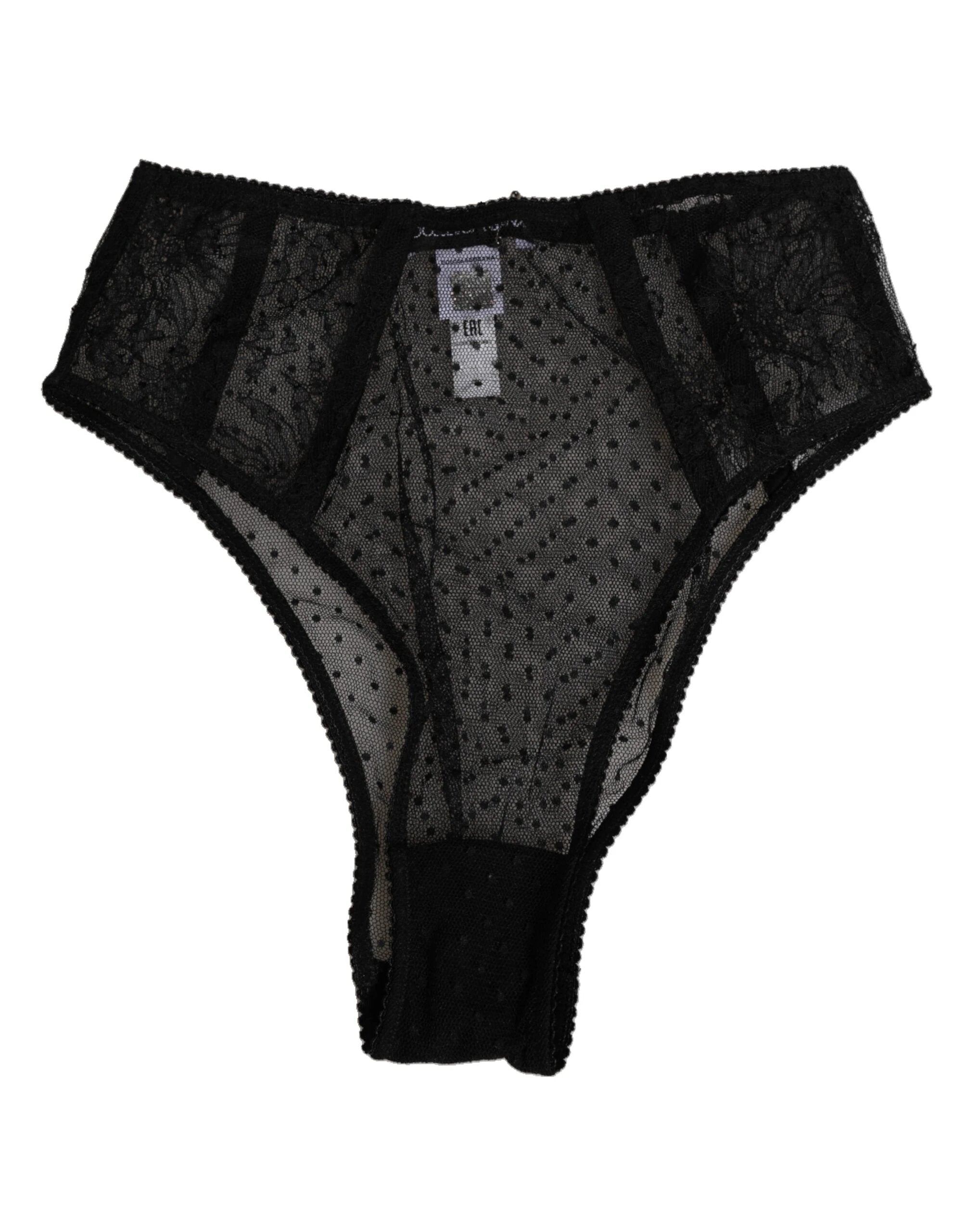 Dolce & Gabbana Black Lace Polka Dot Mesh High Waist Underwear by Dolce & Gabbana