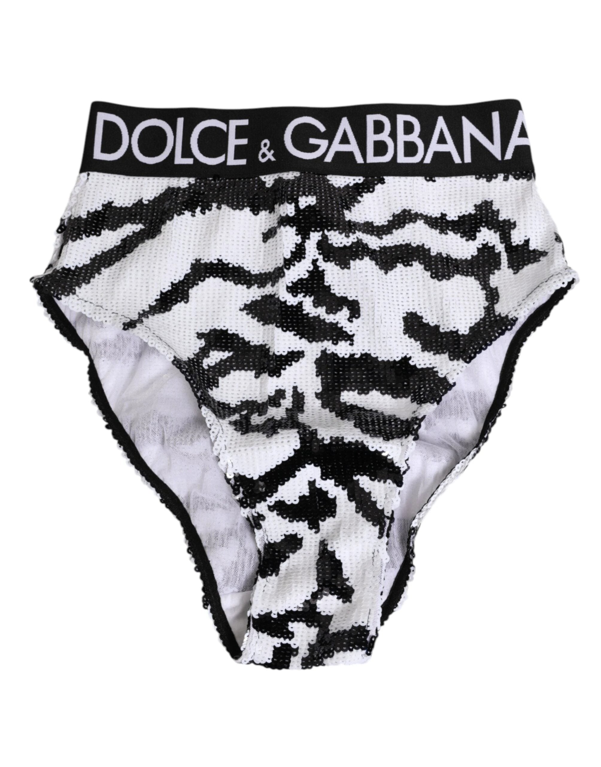Dolce & Gabbana Black White Sequin High Waist Panty Underwear by Dolce & Gabbana