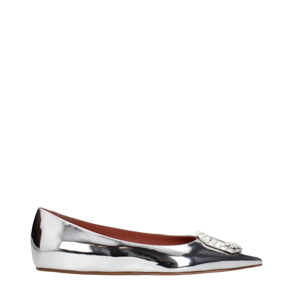 Amina Muaddi Gray Leather Ballet Flats