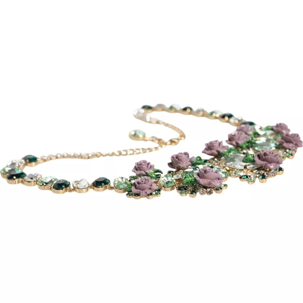 Dolce & Gabbana Gold Brass Link Chain Rose Petal Crystal Necklace by Dolce & Gabbana