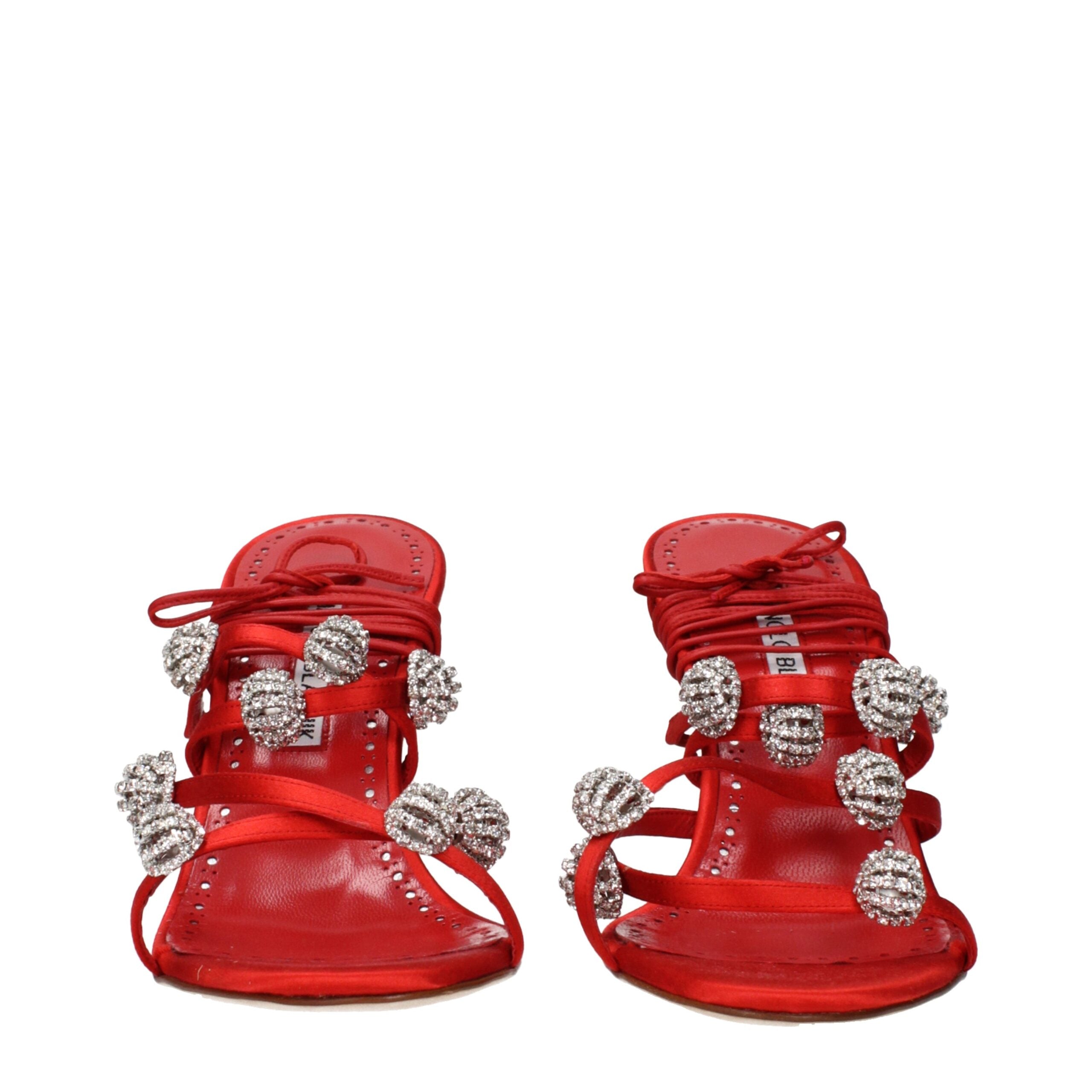 Manolo Blahnik Red Satin Stiletto Heel Sandals