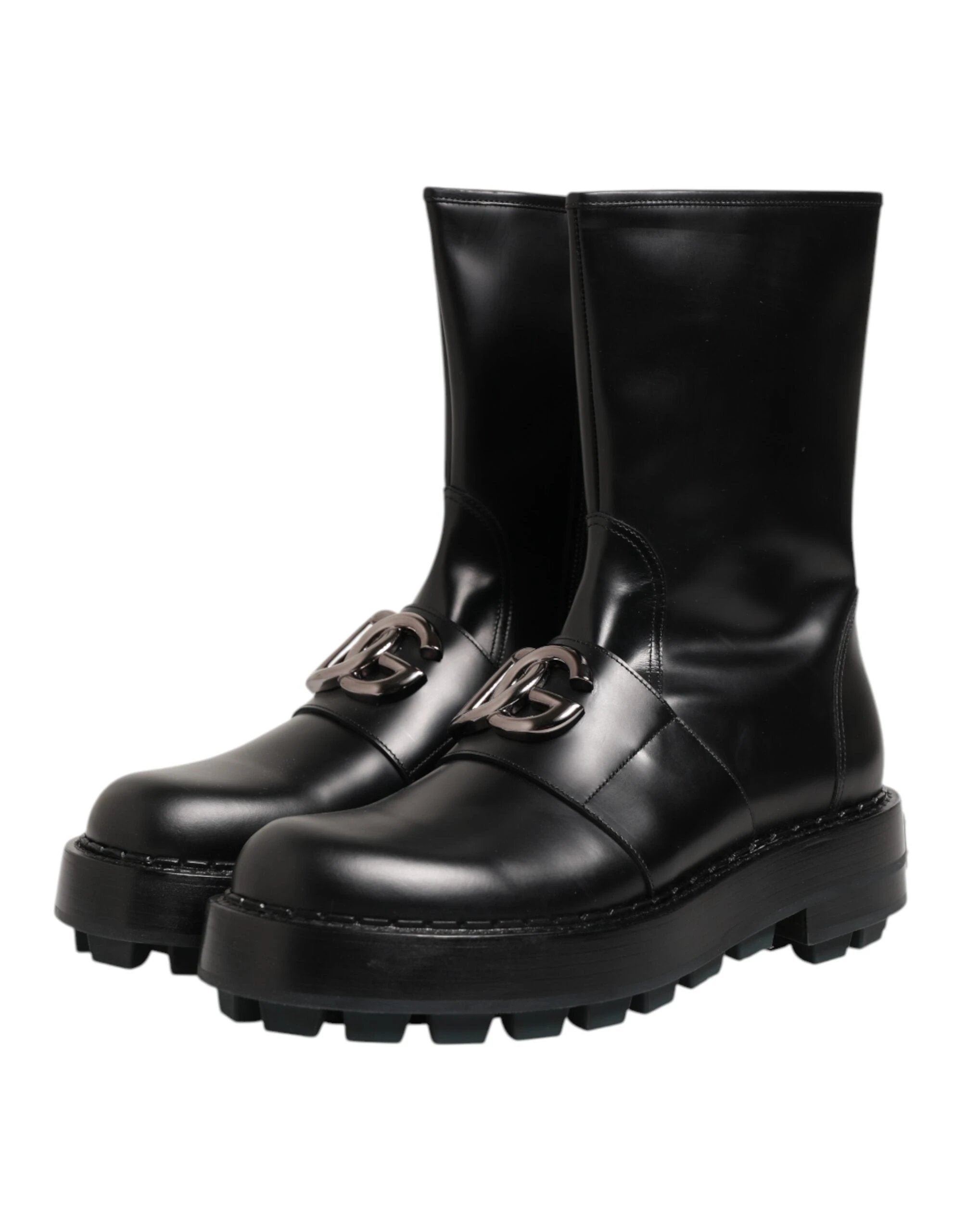 Dolce & Gabbana Black Logo Plaque Mid Calf Biker Boots Shoes by Dolce & Gabbana