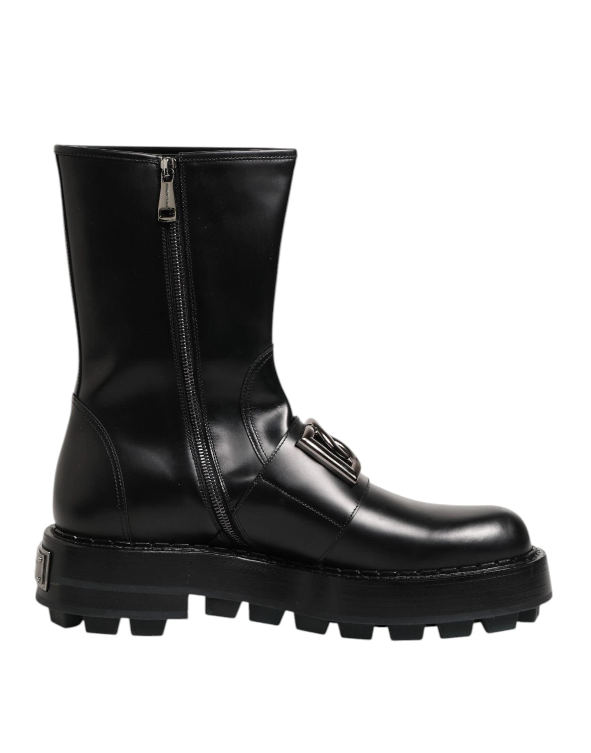Dolce & Gabbana Black Logo Plaque Mid Calf Biker Boots Shoes by Dolce & Gabbana