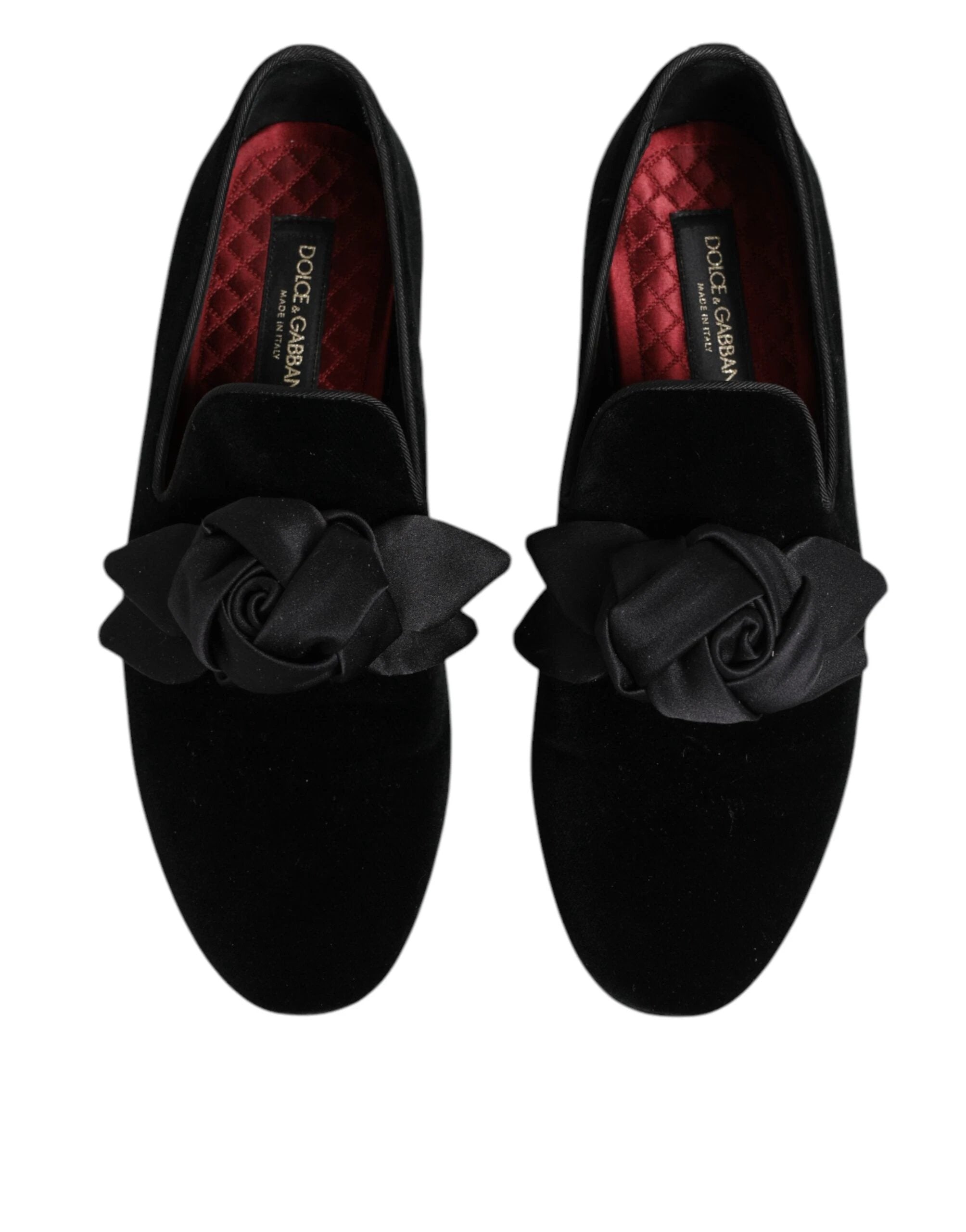 Dolce & Gabbana Black Suede Cotton Rose Slip On Loafers Shoes by Dolce & Gabbana