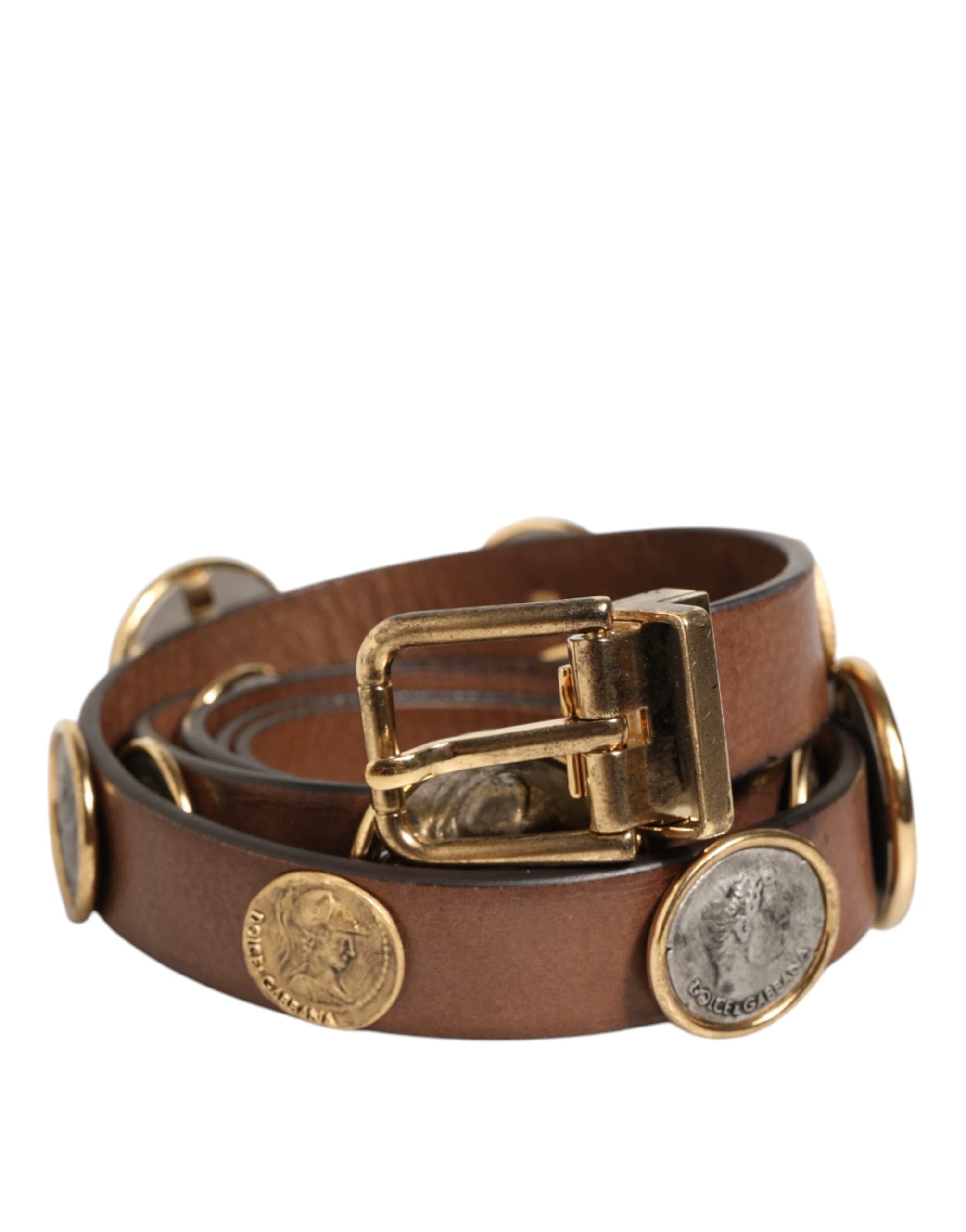 Dolce & Gabbana Brown Leather Gold Silver Coin Buckle Belt by Dolce & Gabbana