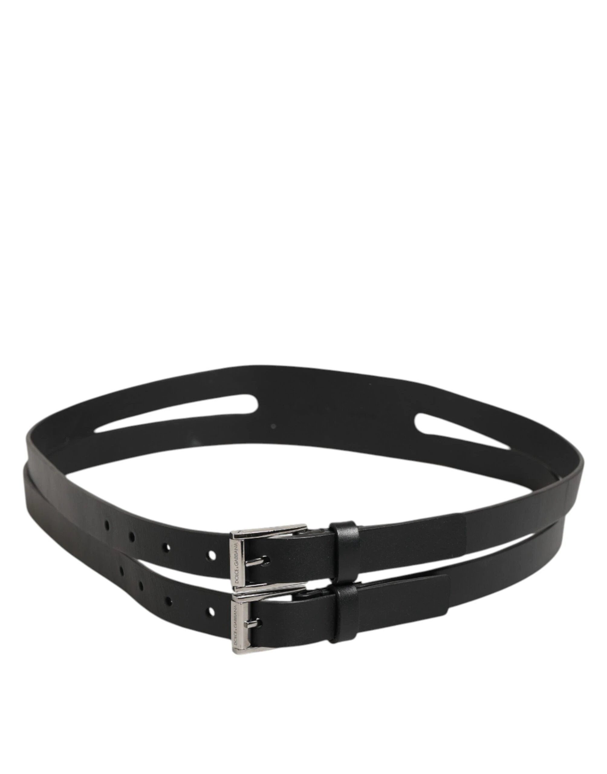 Dolce & Gabbana Black Double Strap Leather Silver Buckle Belt by Dolce & Gabbana