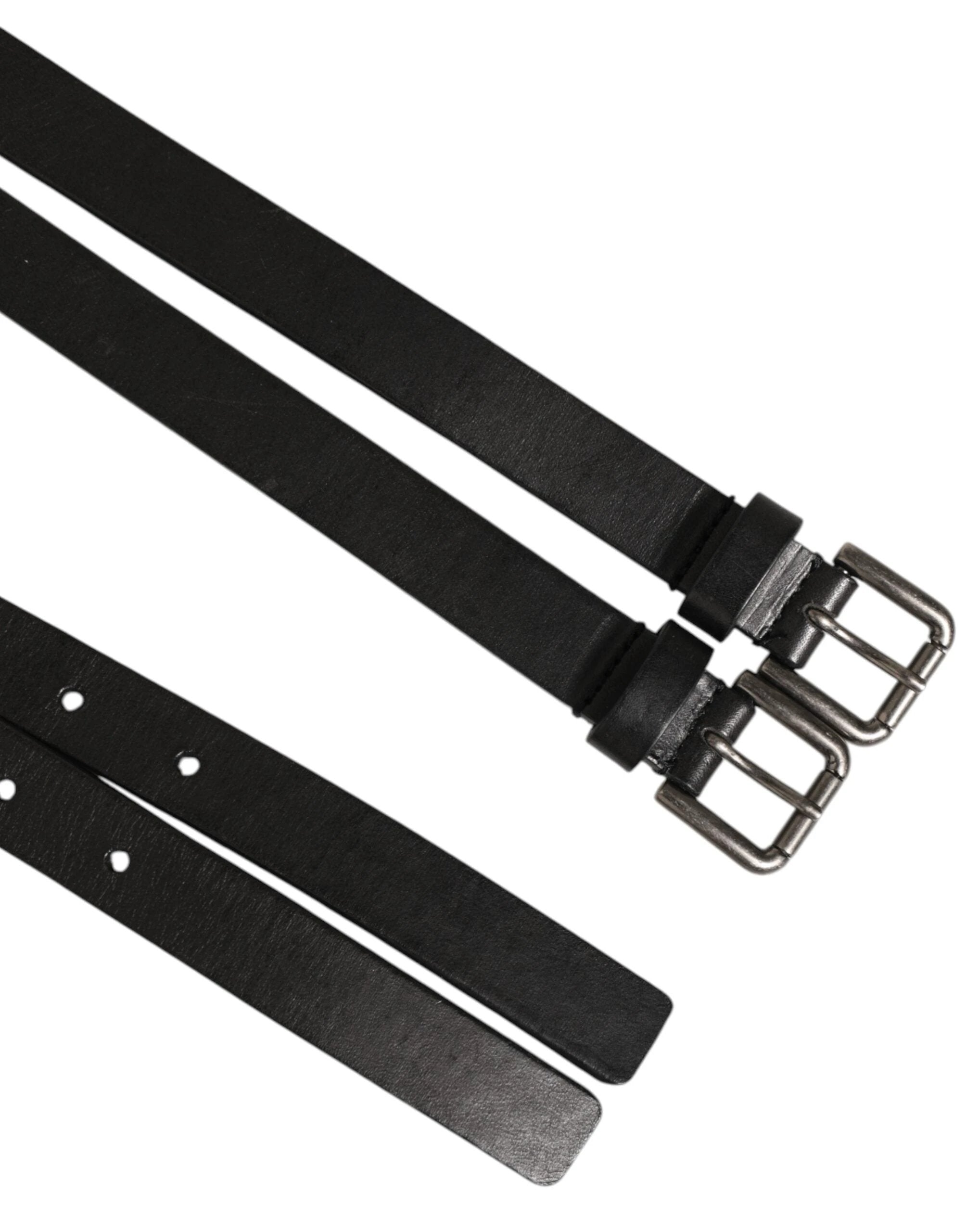Dolce & Gabbana Black Double Strap Leather Silver Buckle Belt by Dolce & Gabbana
