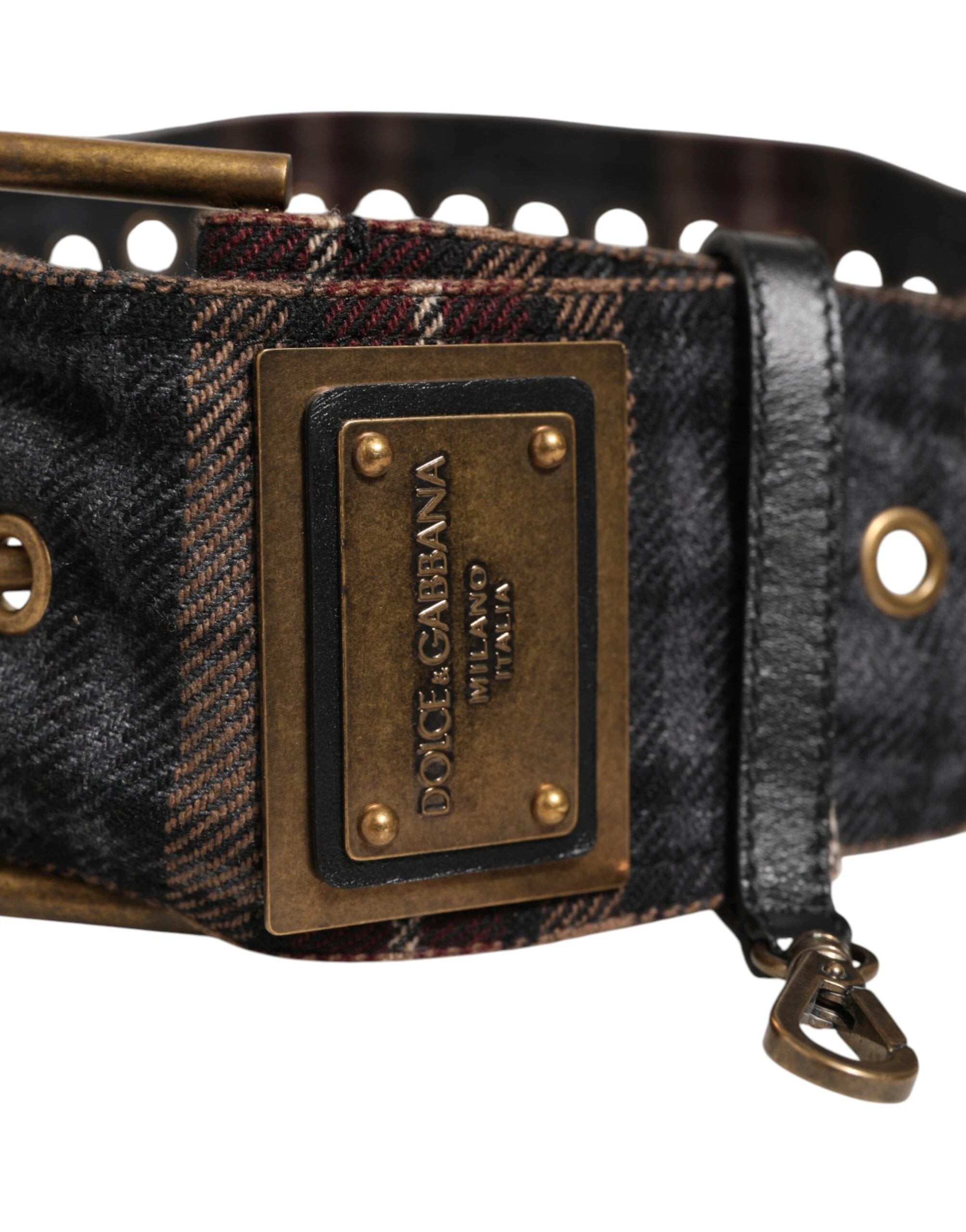 Dolce & Gabbana Plaid Fabric Logo Plate Brass Buckle Belt by Dolce & Gabbana