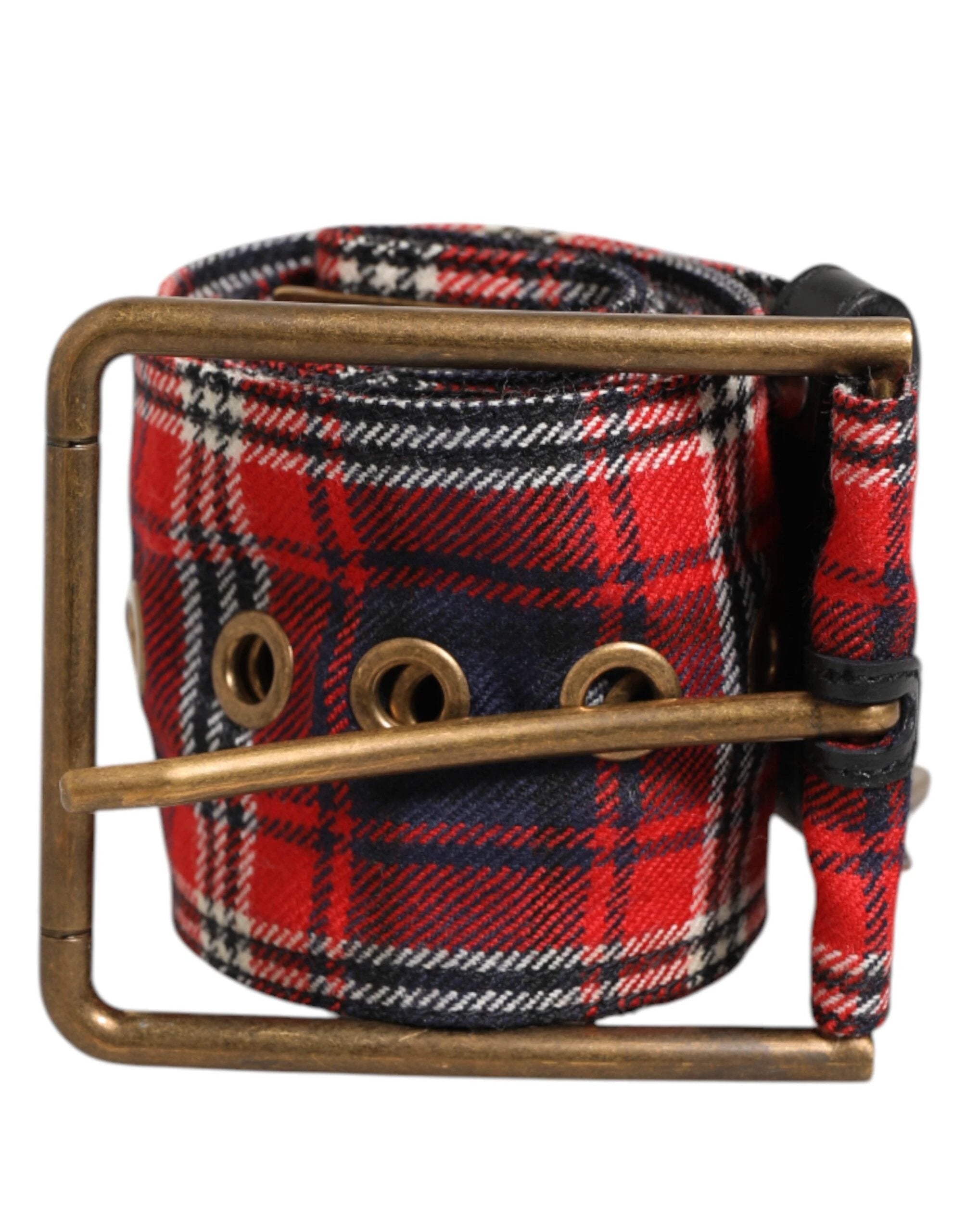 Dolce & Gabbana Red Plaid Fabric Logo Plate Brass Buckle Belt by Dolce & Gabbana