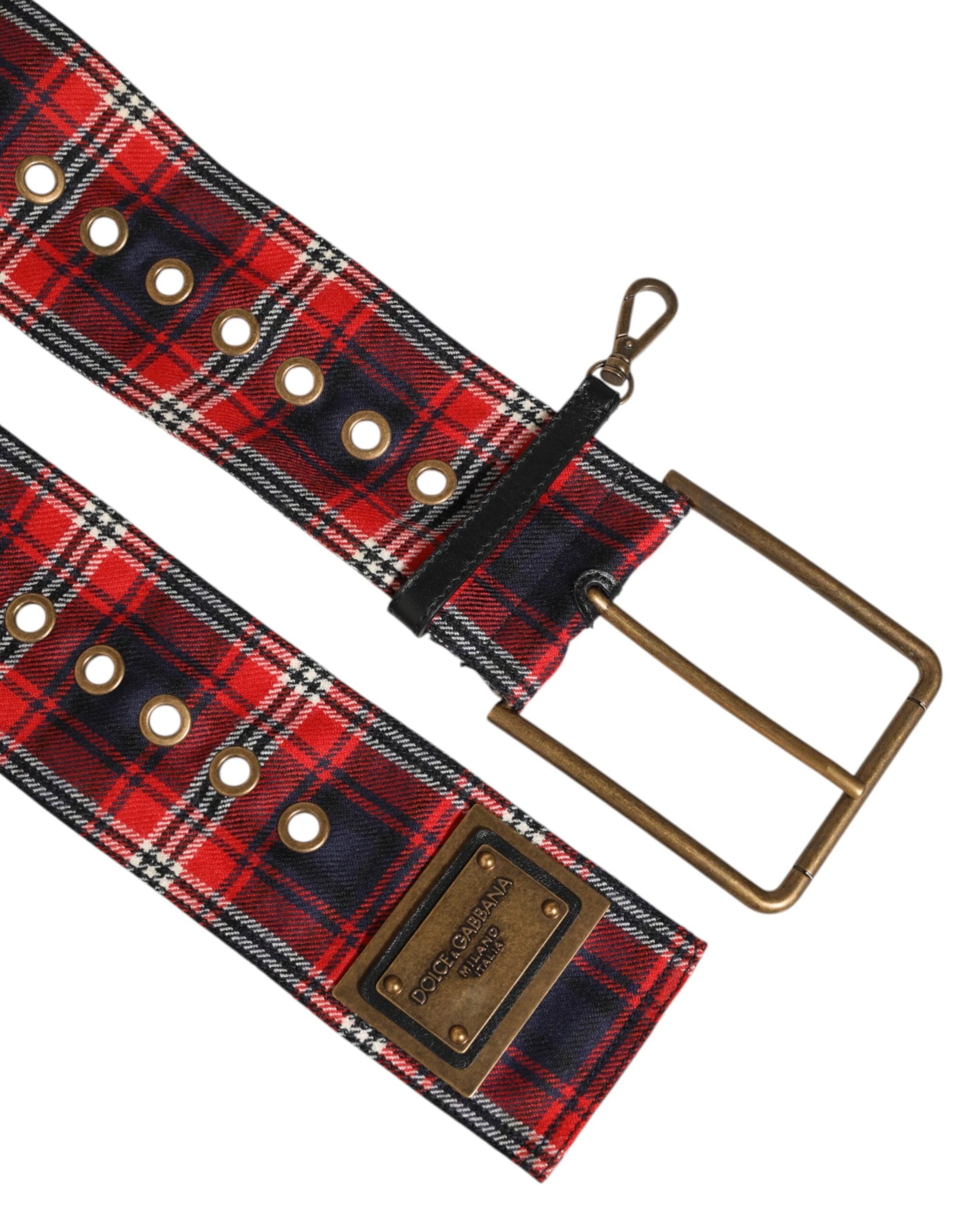 Dolce & Gabbana Red Plaid Fabric Logo Plate Brass Buckle Belt by Dolce & Gabbana