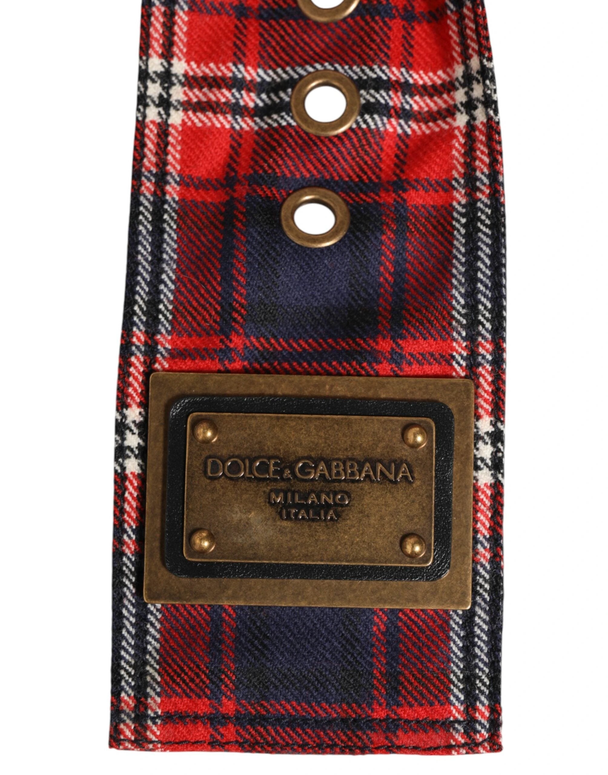 Dolce & Gabbana Red Plaid Fabric Logo Plate Brass Buckle Belt by Dolce & Gabbana