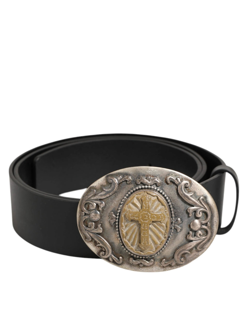 Dolce & Gabbana Black Leather Ornate Metal Buckle Men Belt by Dolce & Gabbana