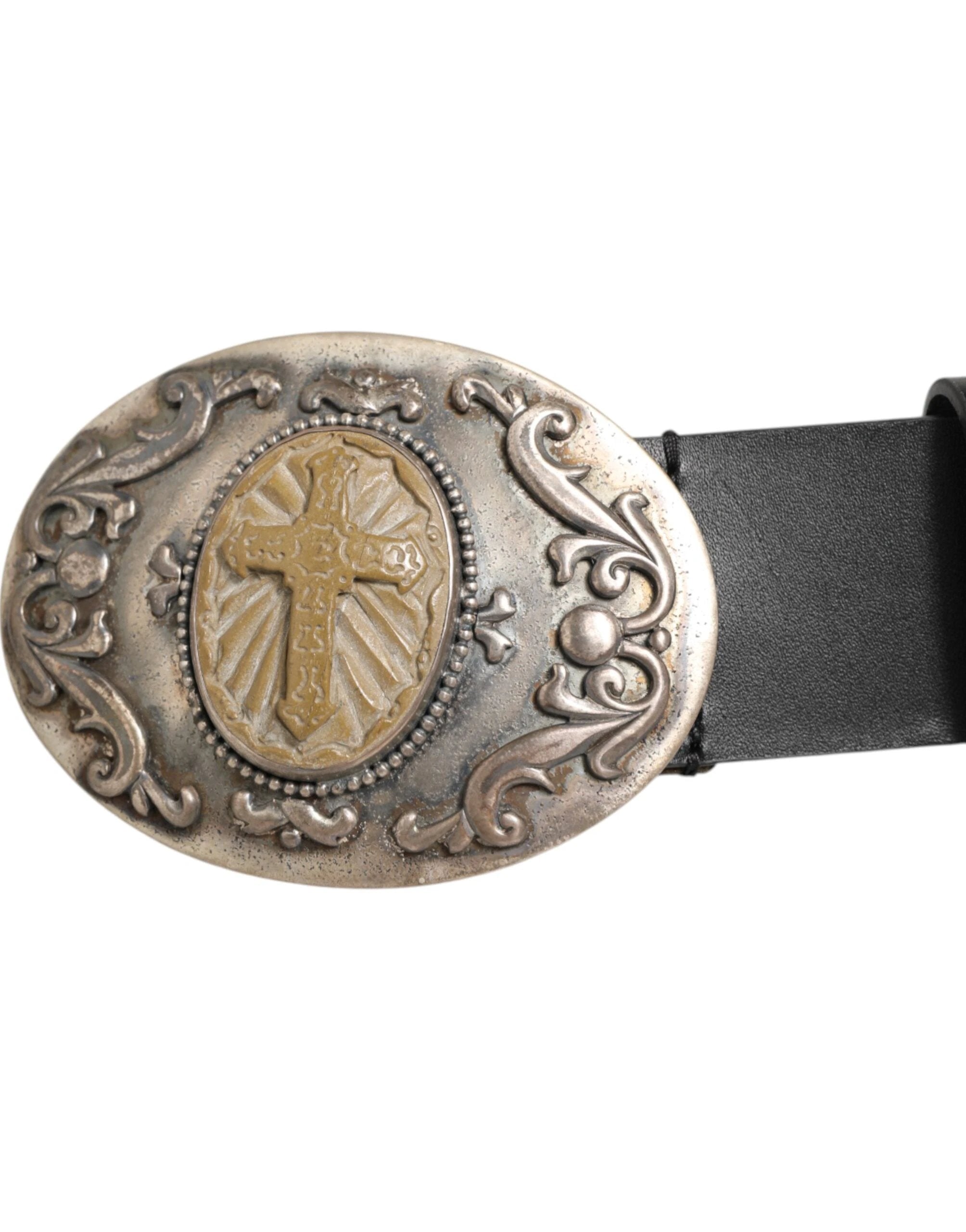 Dolce & Gabbana Black Leather Ornate Metal Buckle Men Belt by Dolce & Gabbana