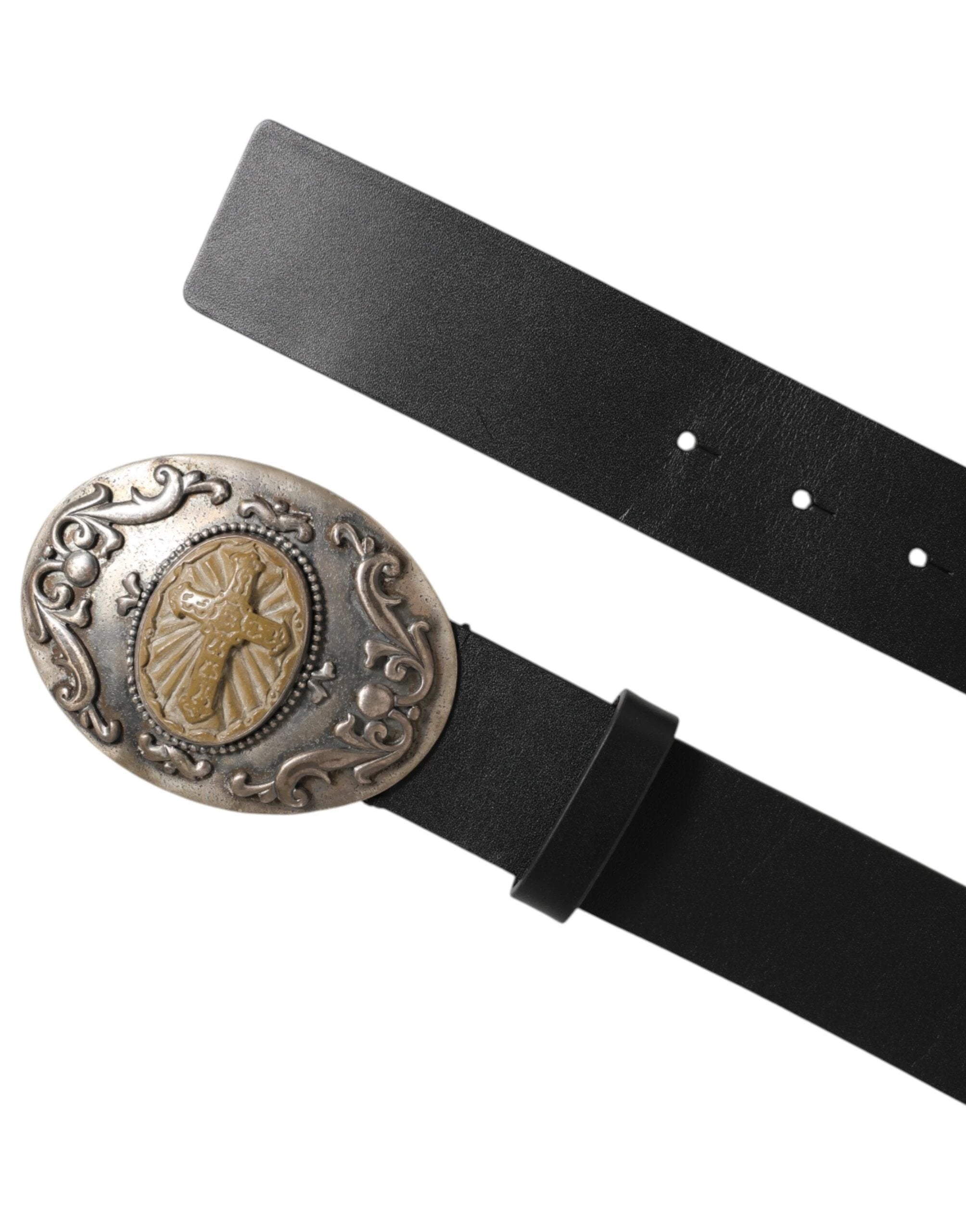Dolce & Gabbana Black Leather Ornate Metal Buckle Men Belt by Dolce & Gabbana