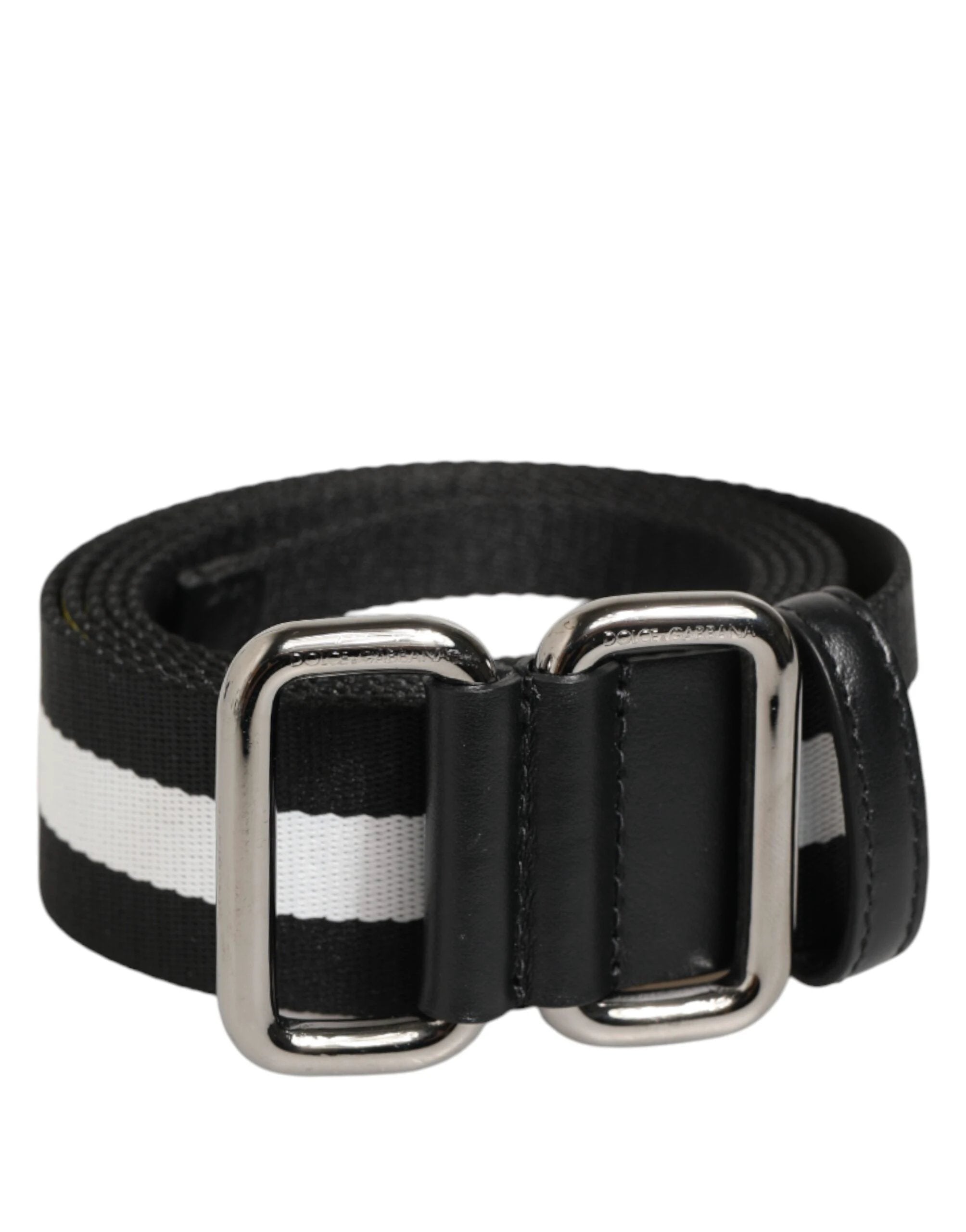 Dolce & Gabbana Black White Striped Metal Buckle Men Belt by Dolce & Gabbana