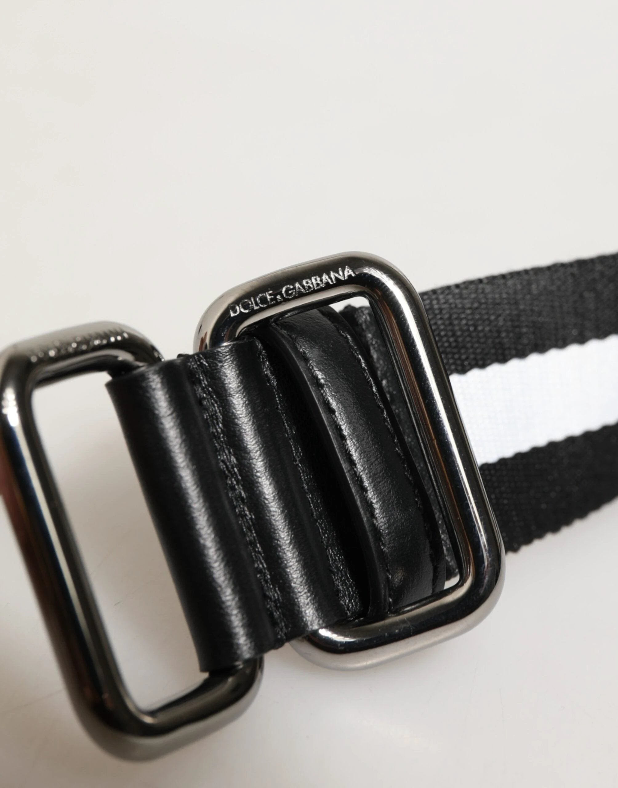 Dolce & Gabbana Black White Striped Logo Metal Buckle Belt by Dolce & Gabbana