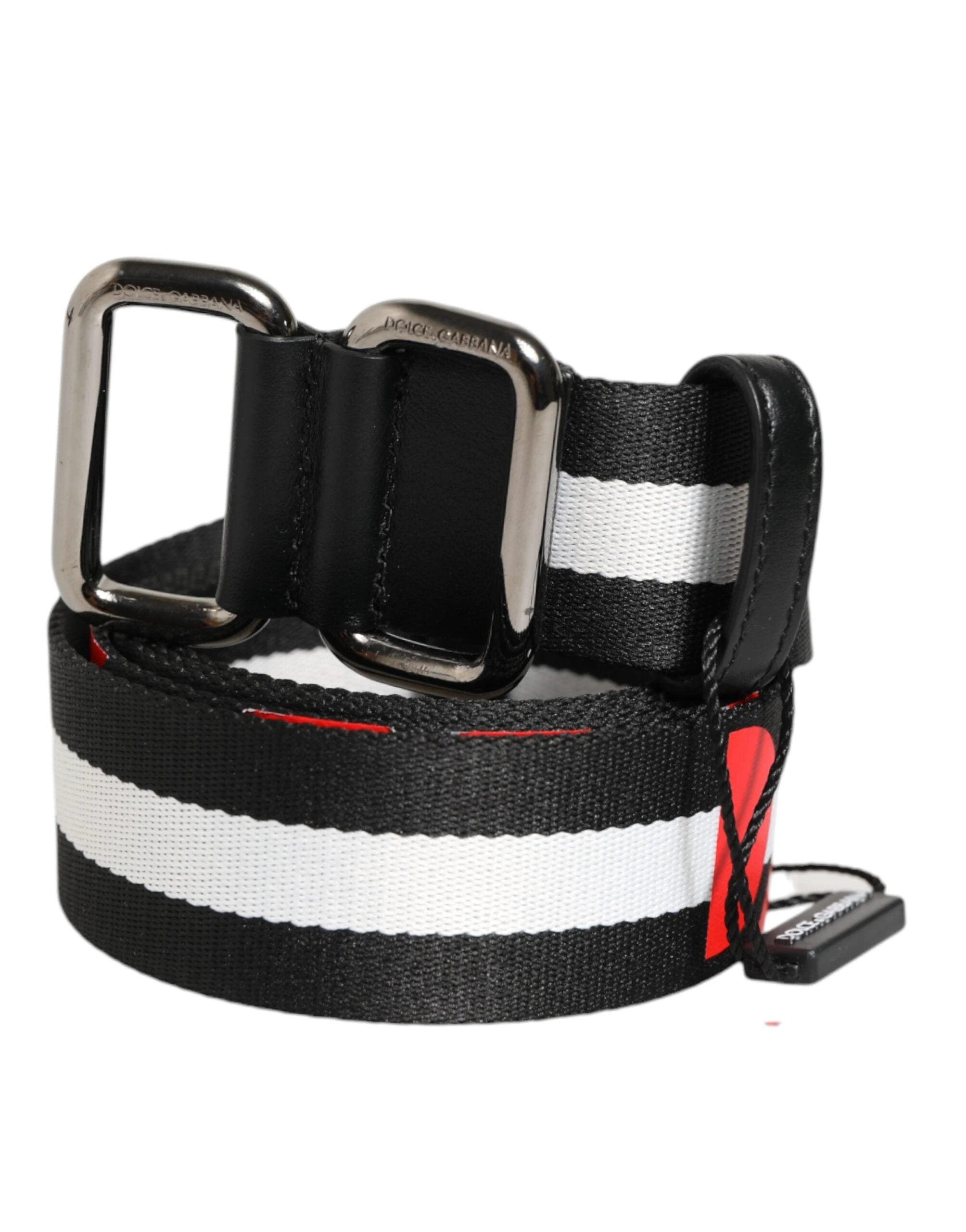 Dolce & Gabbana Black White Striped Logo Metal Buckle Belt by Dolce & Gabbana