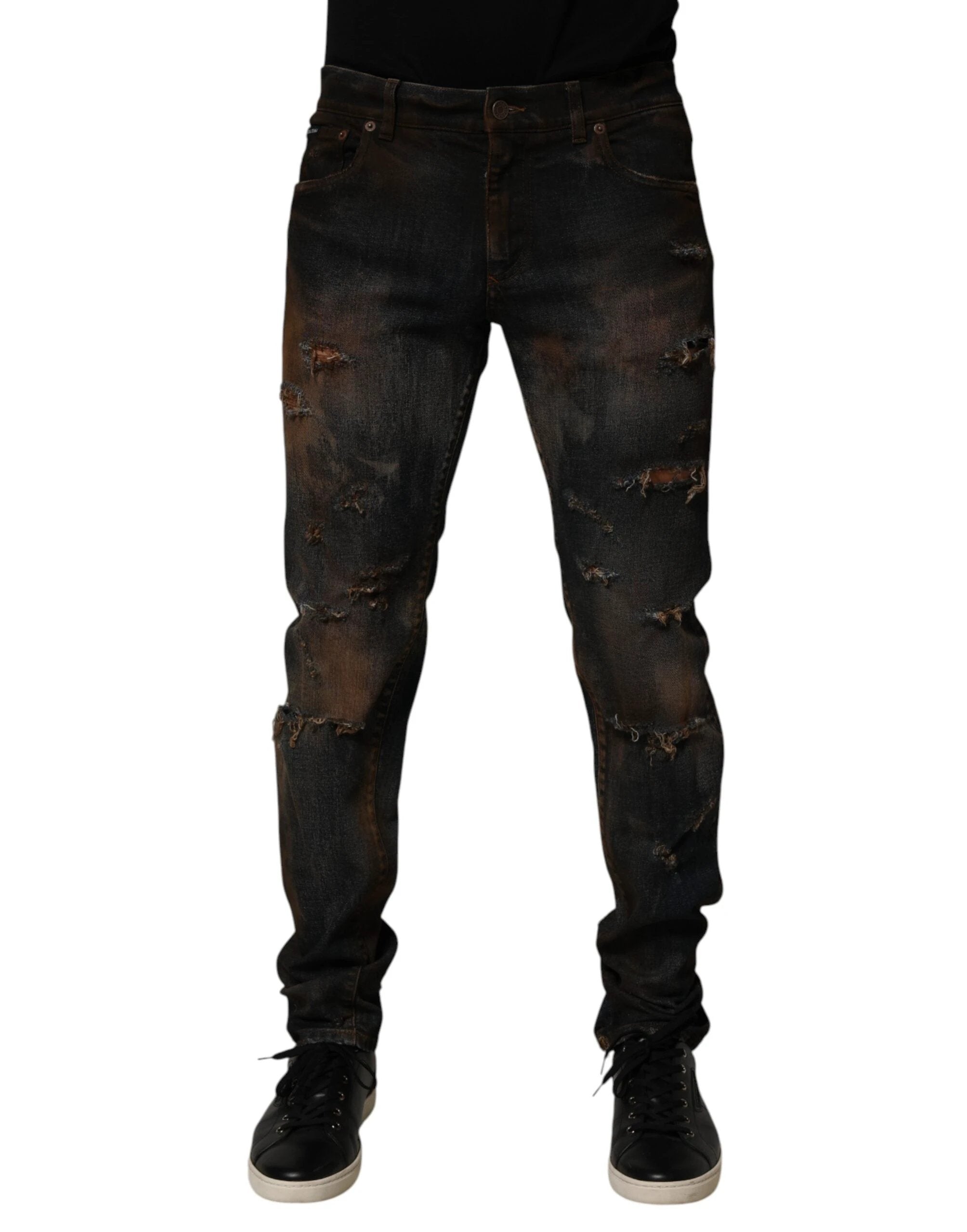 Dolce & Gabbana Black Cotton Skinny Tattered Men Denim Jeans by Dolce & Gabbana