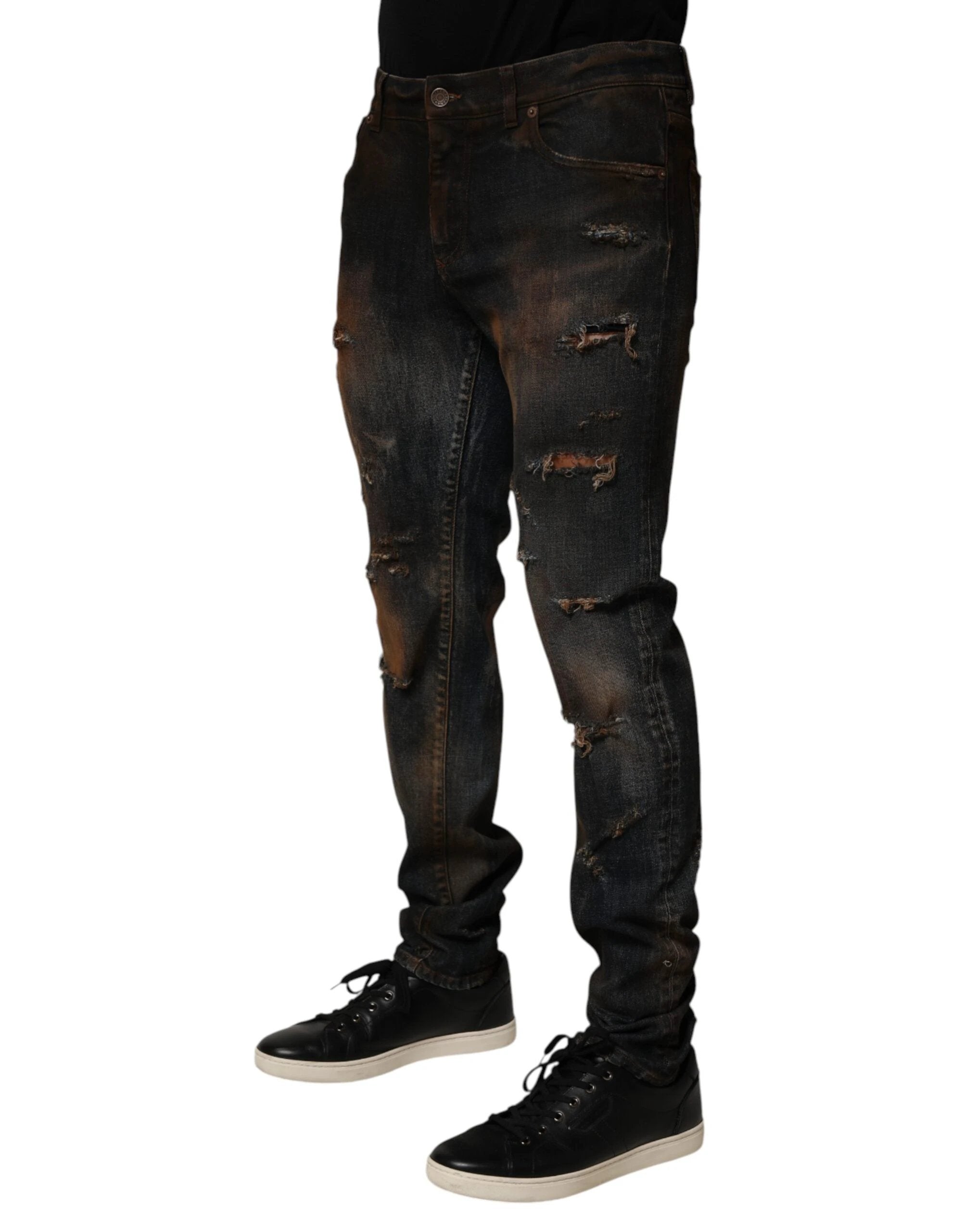 Dolce & Gabbana Black Cotton Skinny Tattered Men Denim Jeans by Dolce & Gabbana