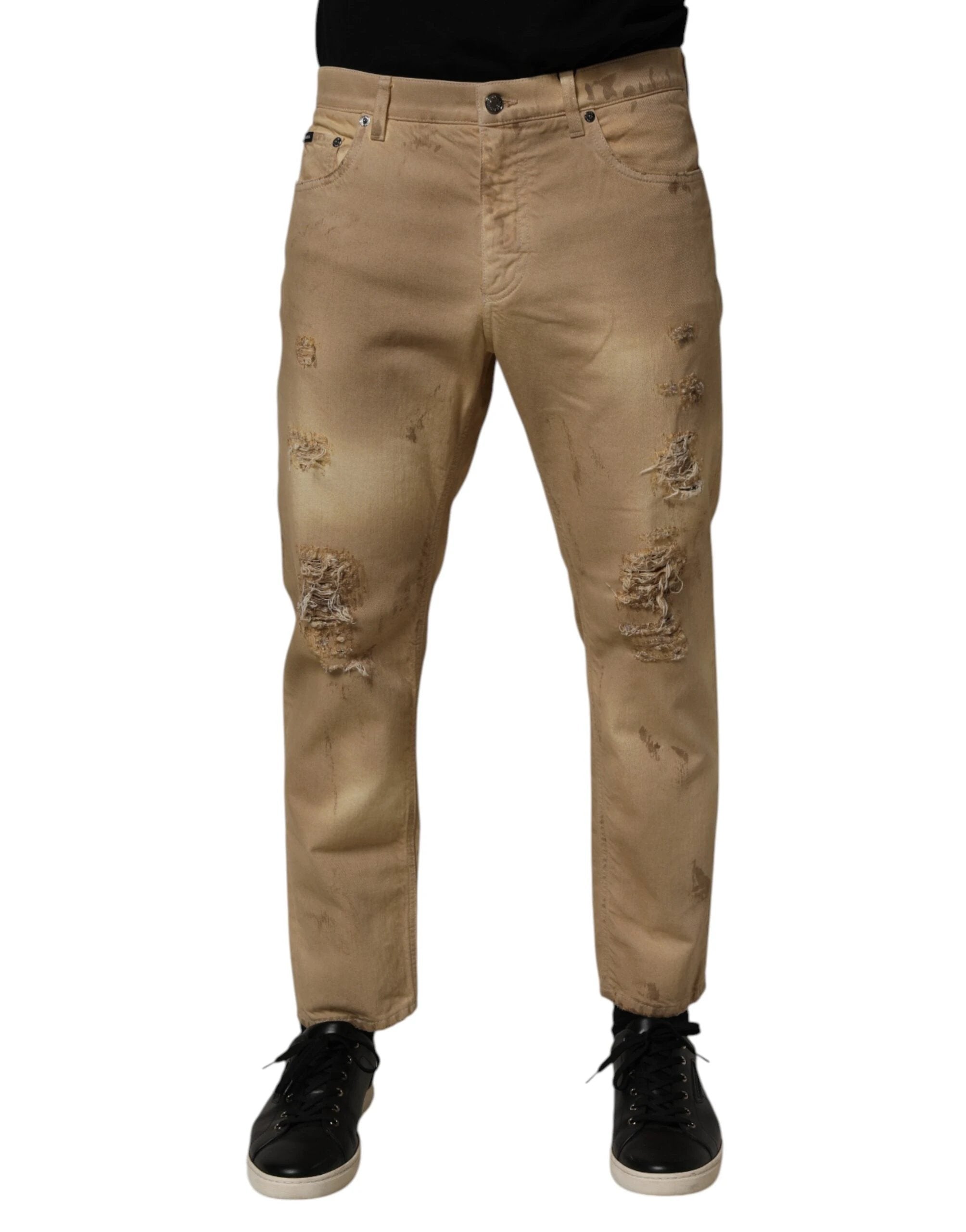 Dolce & Gabbana Beige Cotton Loose Tattered Men Denim Jeans by Dolce & Gabbana