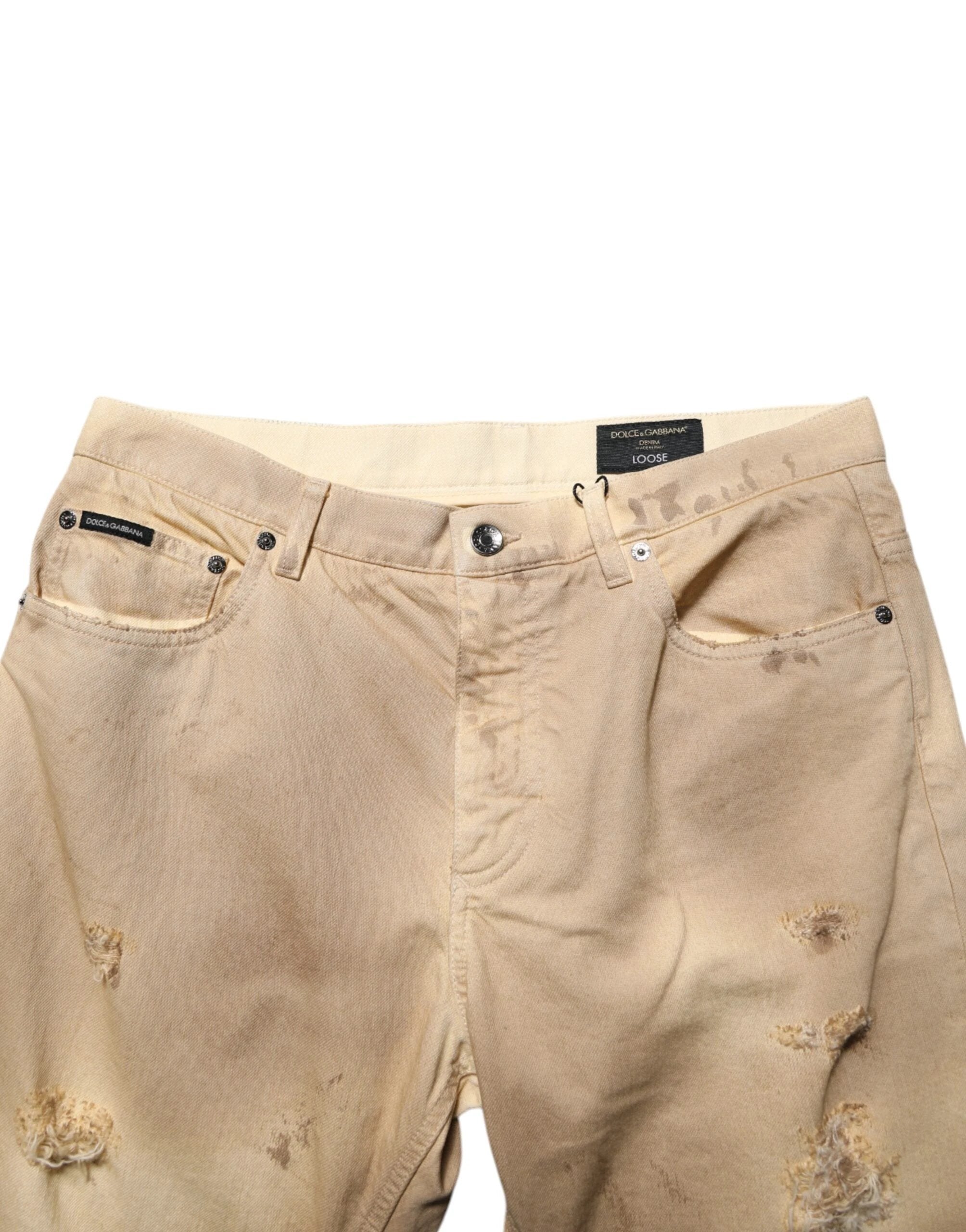 Dolce & Gabbana Beige Cotton Loose Tattered Men Denim Jeans by Dolce & Gabbana