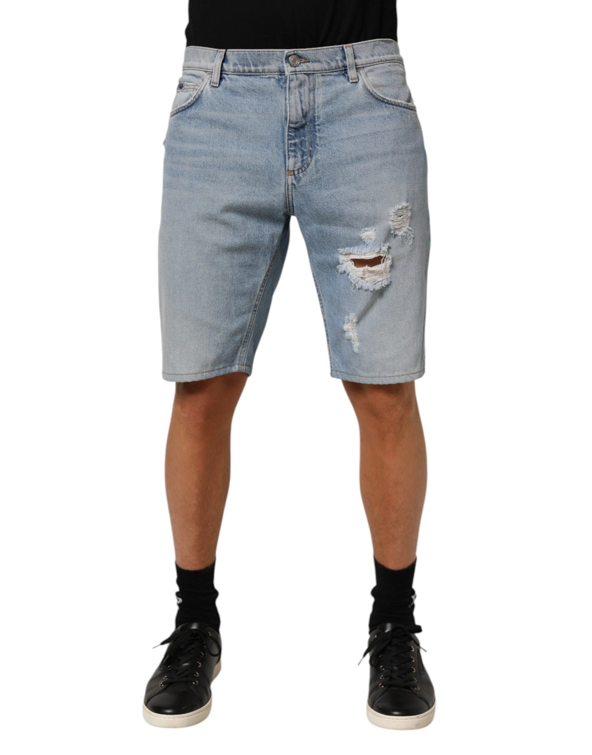 Dolce & Gabbana Blue Cotton Distressed Denim Bermuda Shorts by Dolce & Gabbana