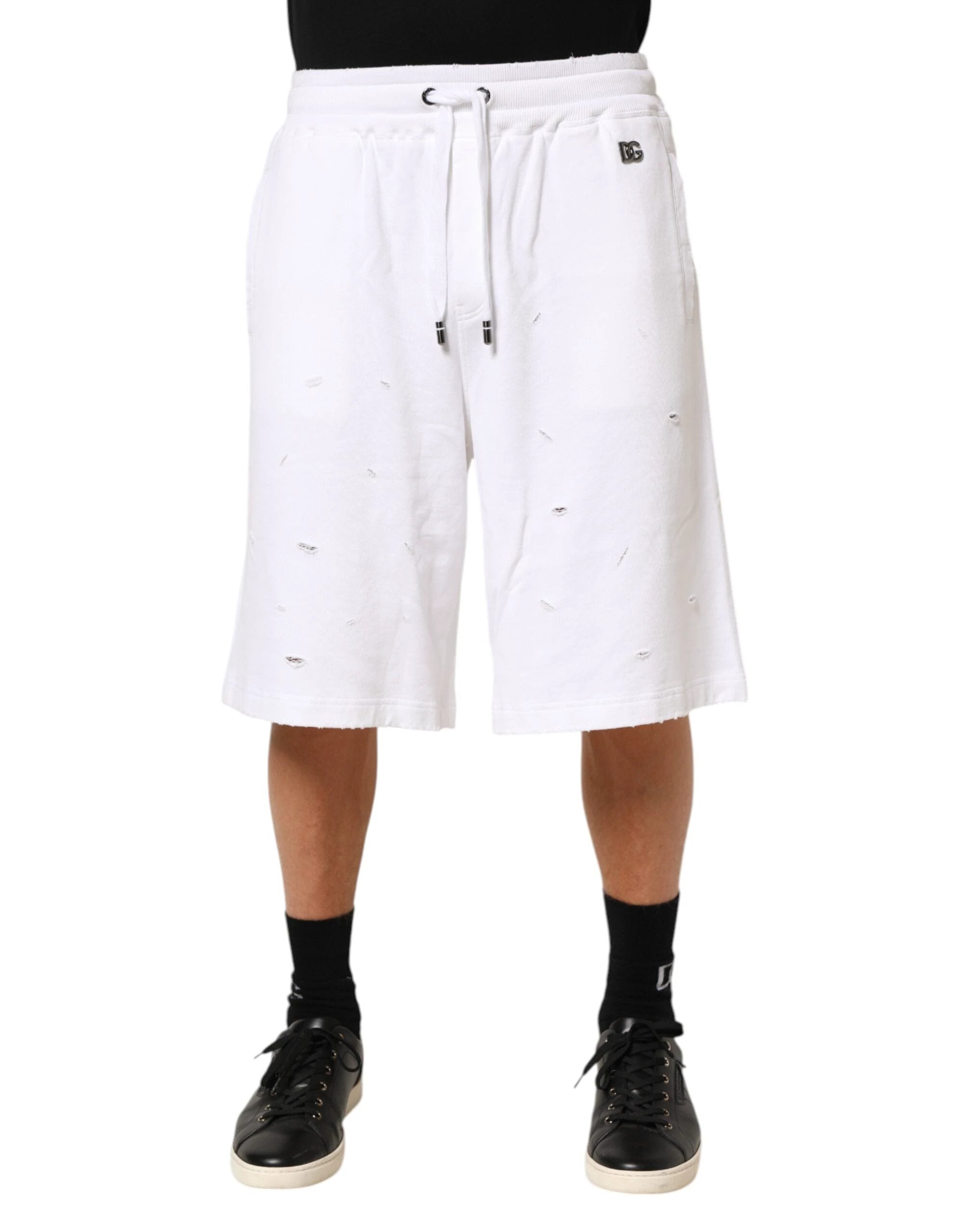 Dolce & Gabbana White Cotton Ripped Bermuda Sweatpants Shorts by Dolce & Gabbana