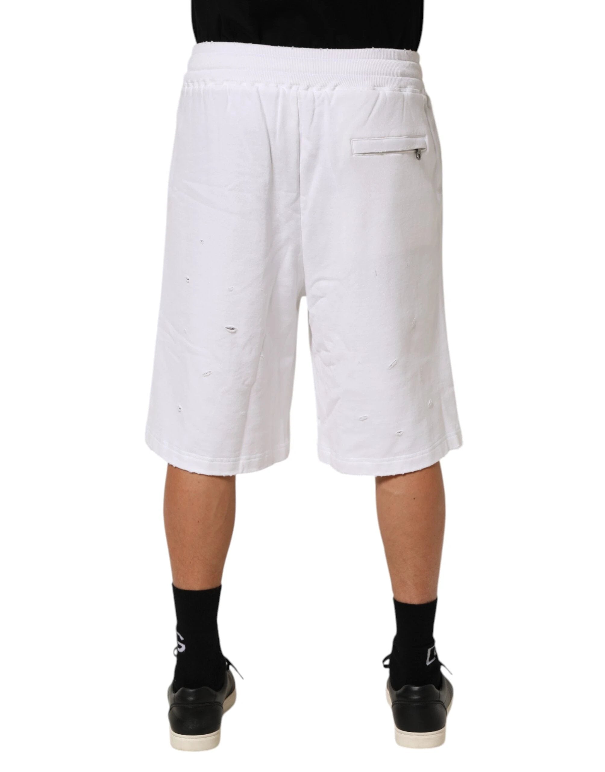 Dolce & Gabbana White Cotton Ripped Bermuda Sweatpants Shorts by Dolce & Gabbana