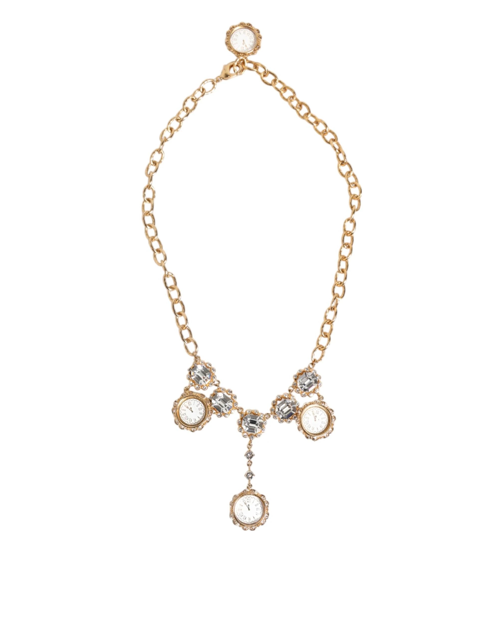 Dolce & Gabbana Gold Crystal Clock Pendant Statement Jewelry Necklace by Dolce & Gabbana