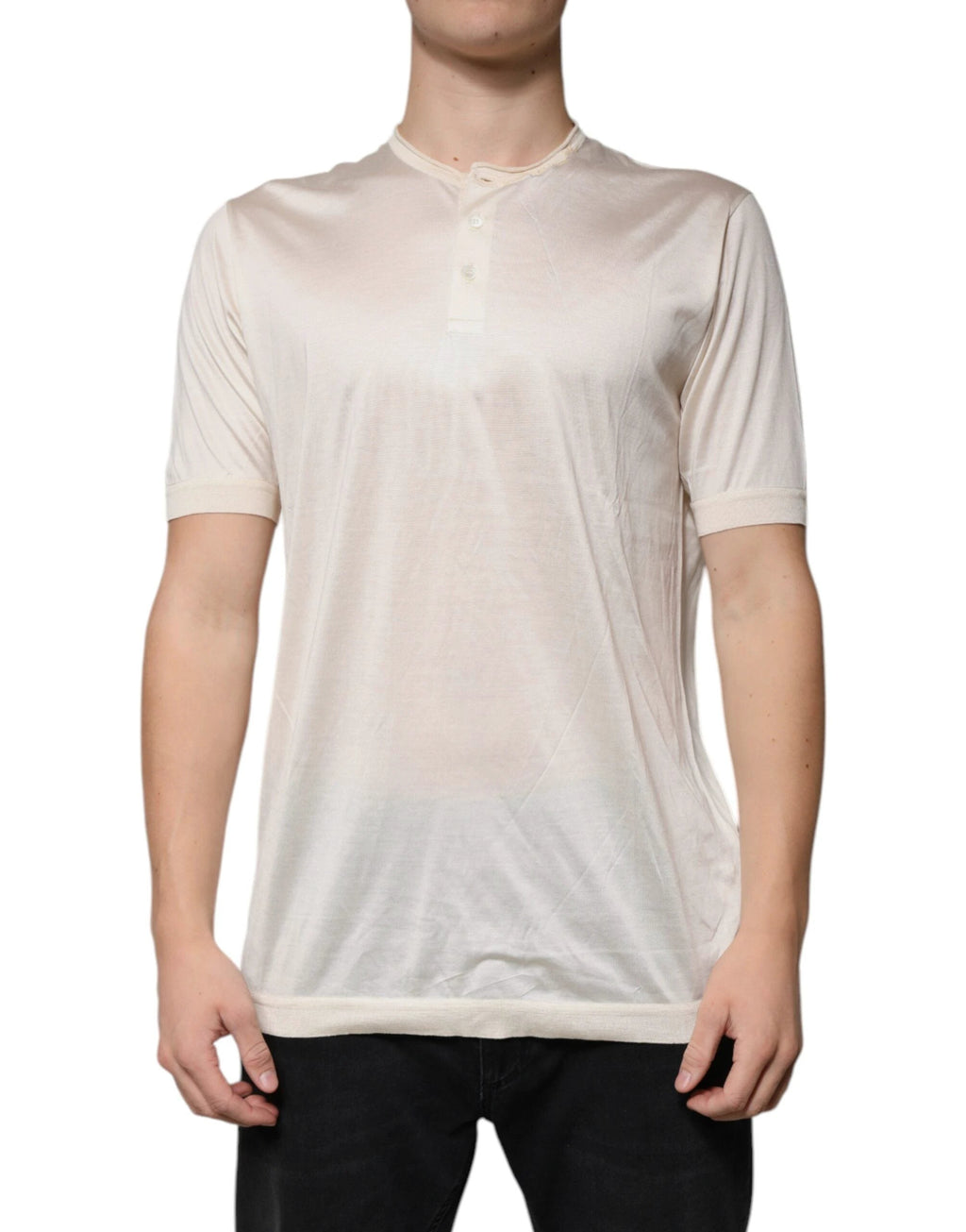 Dolce & Gabbana Off White Silk Henley Short Sleeves T-Shirt by Dolce & Gabbana