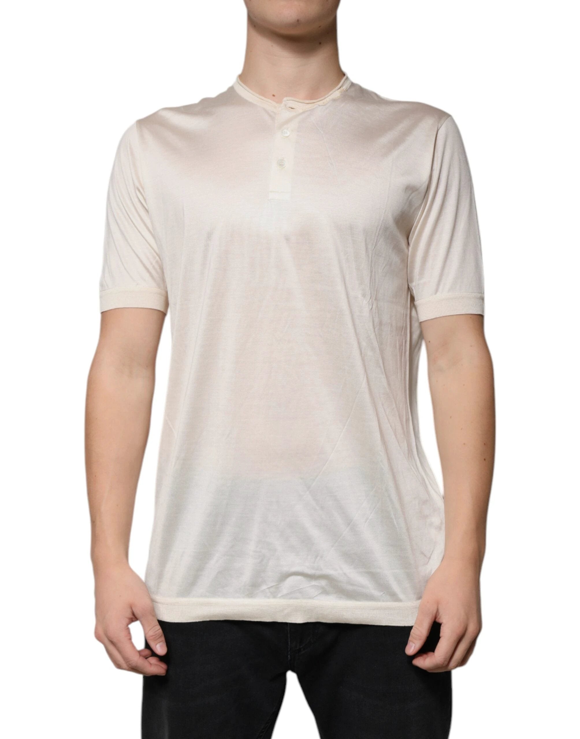 Dolce & Gabbana Off White Silk Henley Short Sleeves T-Shirt by Dolce & Gabbana