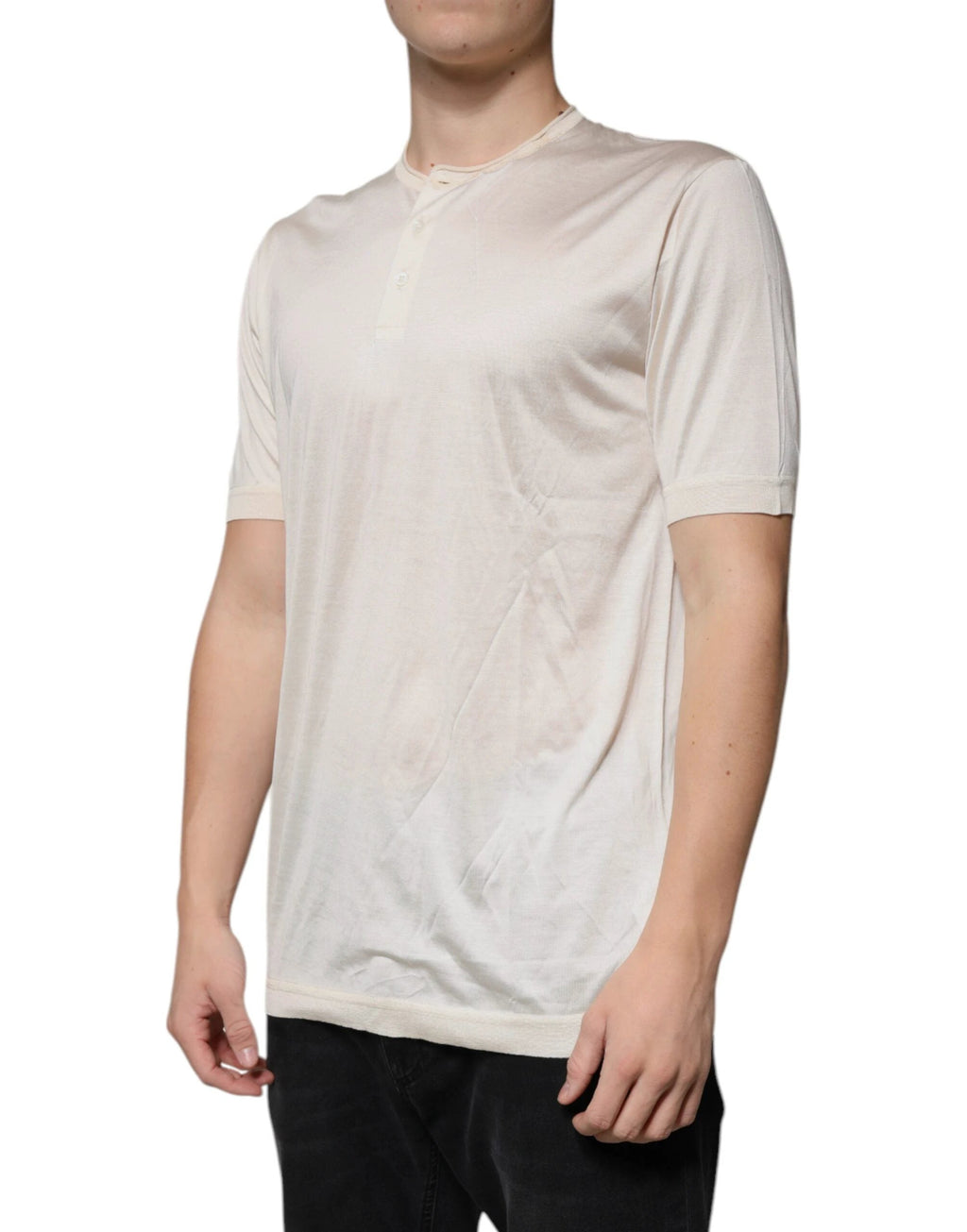 Dolce & Gabbana Off White Silk Henley Short Sleeves T-Shirt by Dolce & Gabbana