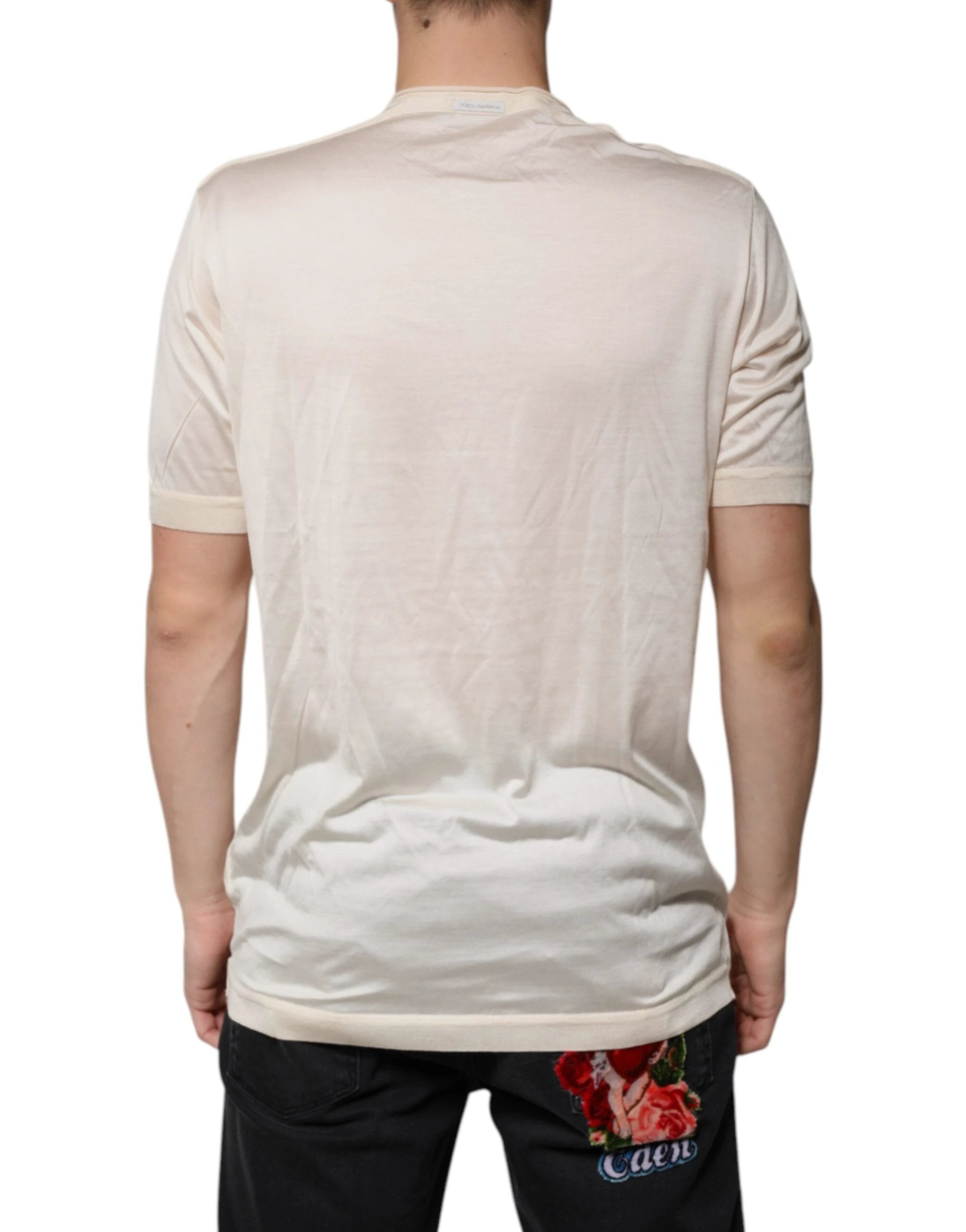 Dolce & Gabbana Off White Silk Henley Short Sleeves T-Shirt by Dolce & Gabbana