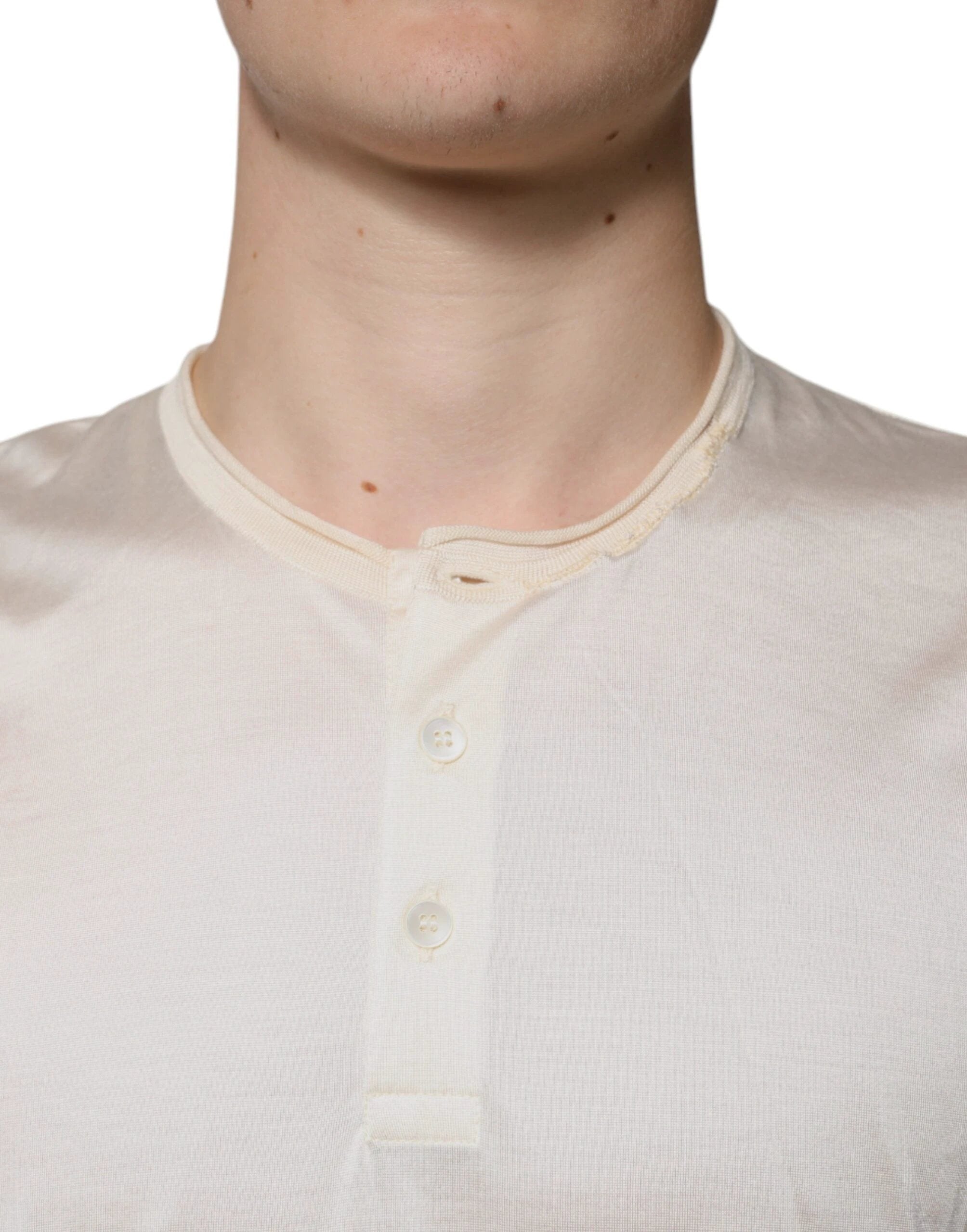 Dolce & Gabbana Off White Silk Henley Short Sleeves T-Shirt by Dolce & Gabbana