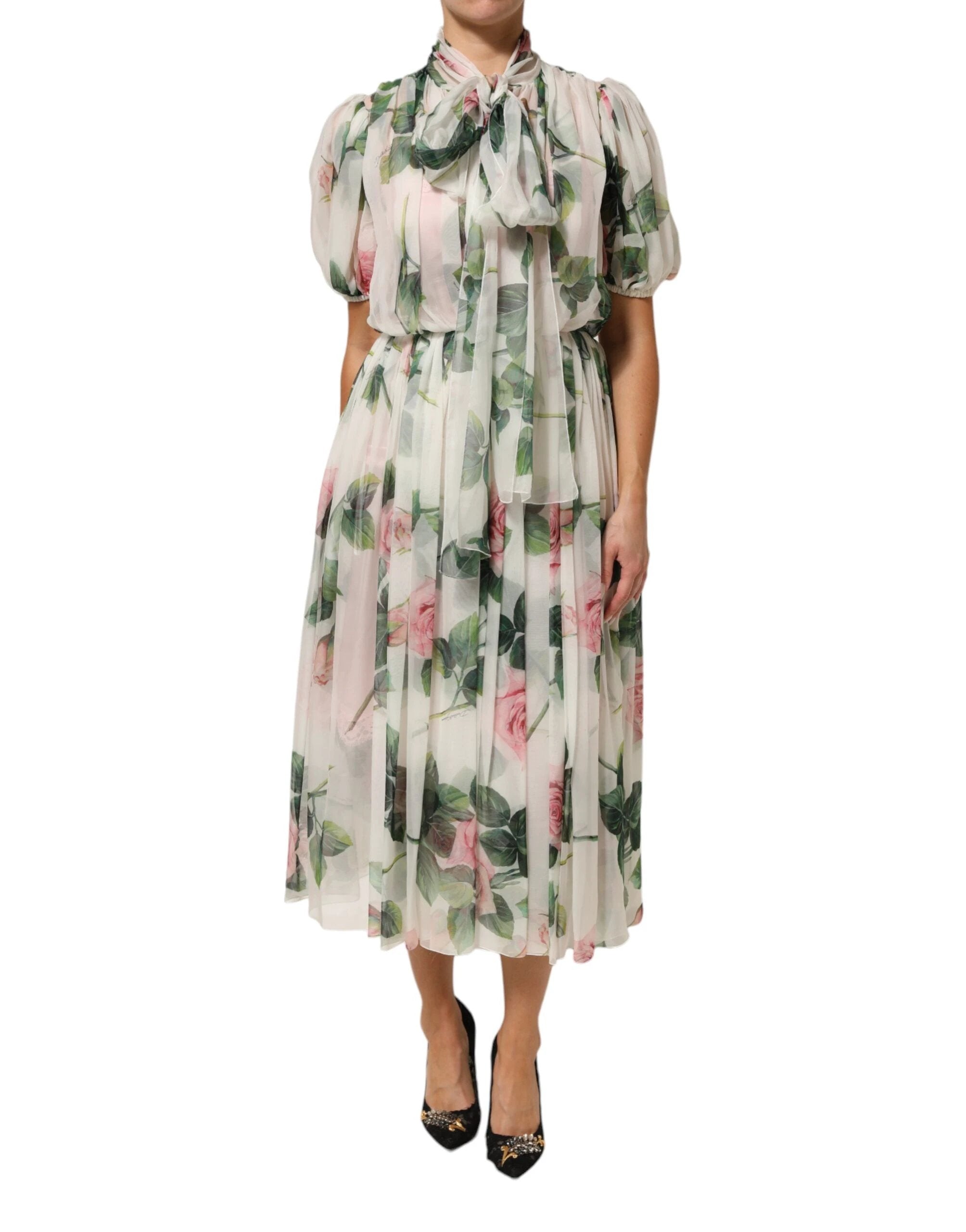 Dolce & Gabbana White Floral Print Silk Pleated Midi Dress by Dolce & Gabbana